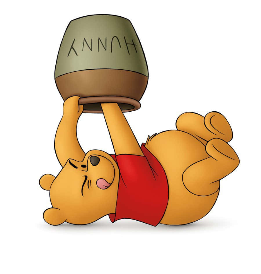 winnie the pooh 桌布 壁紙 — 小熊維尼開心地仰臥著，雙手高舉一個蜂蜜罐在頭頂上方。