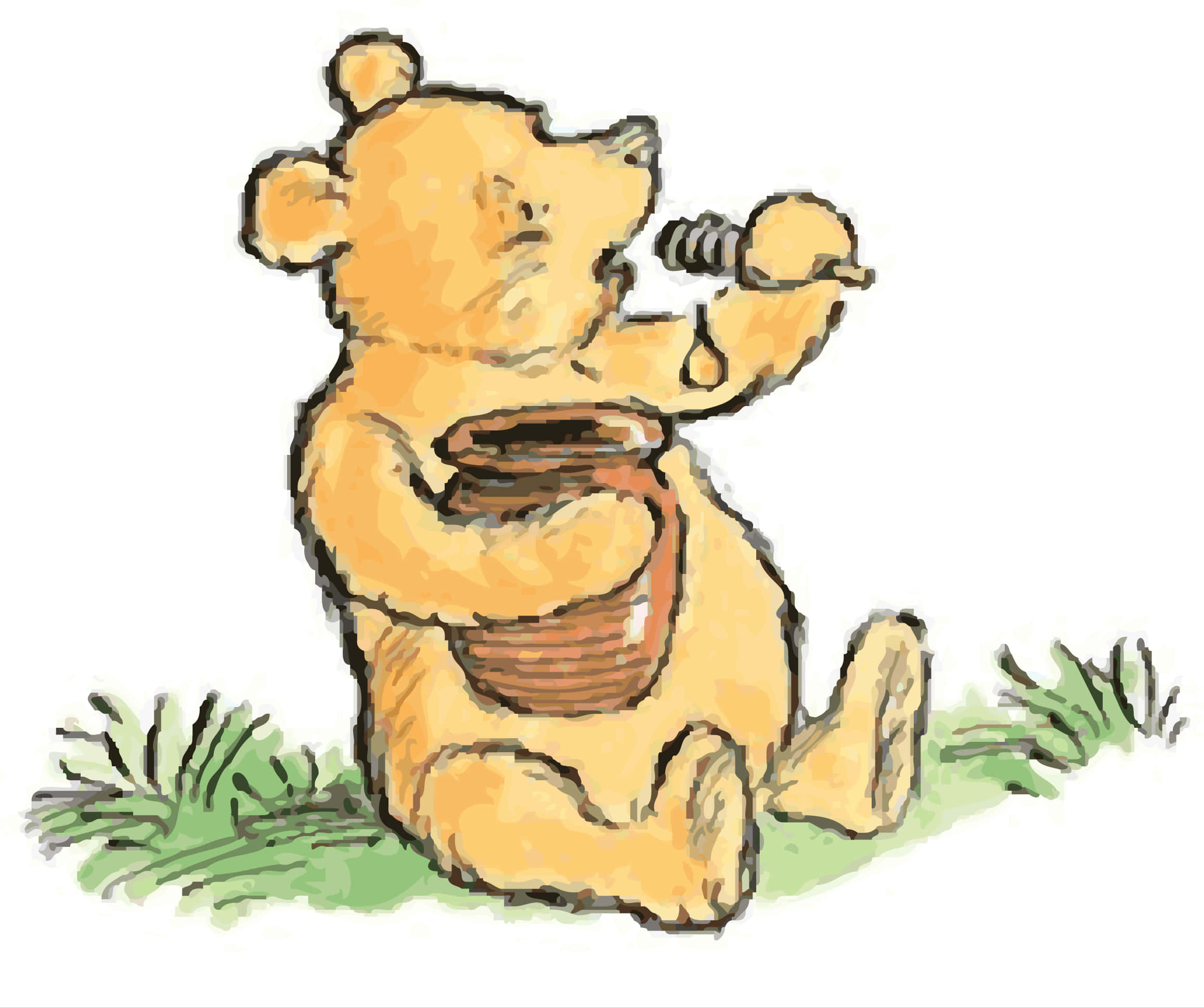 winnie the pooh 桌布 壁紙 — 小熊維尼開心地坐在草地上，拿著一個蜂蜜罐和滴著蜂蜜的湯匙。