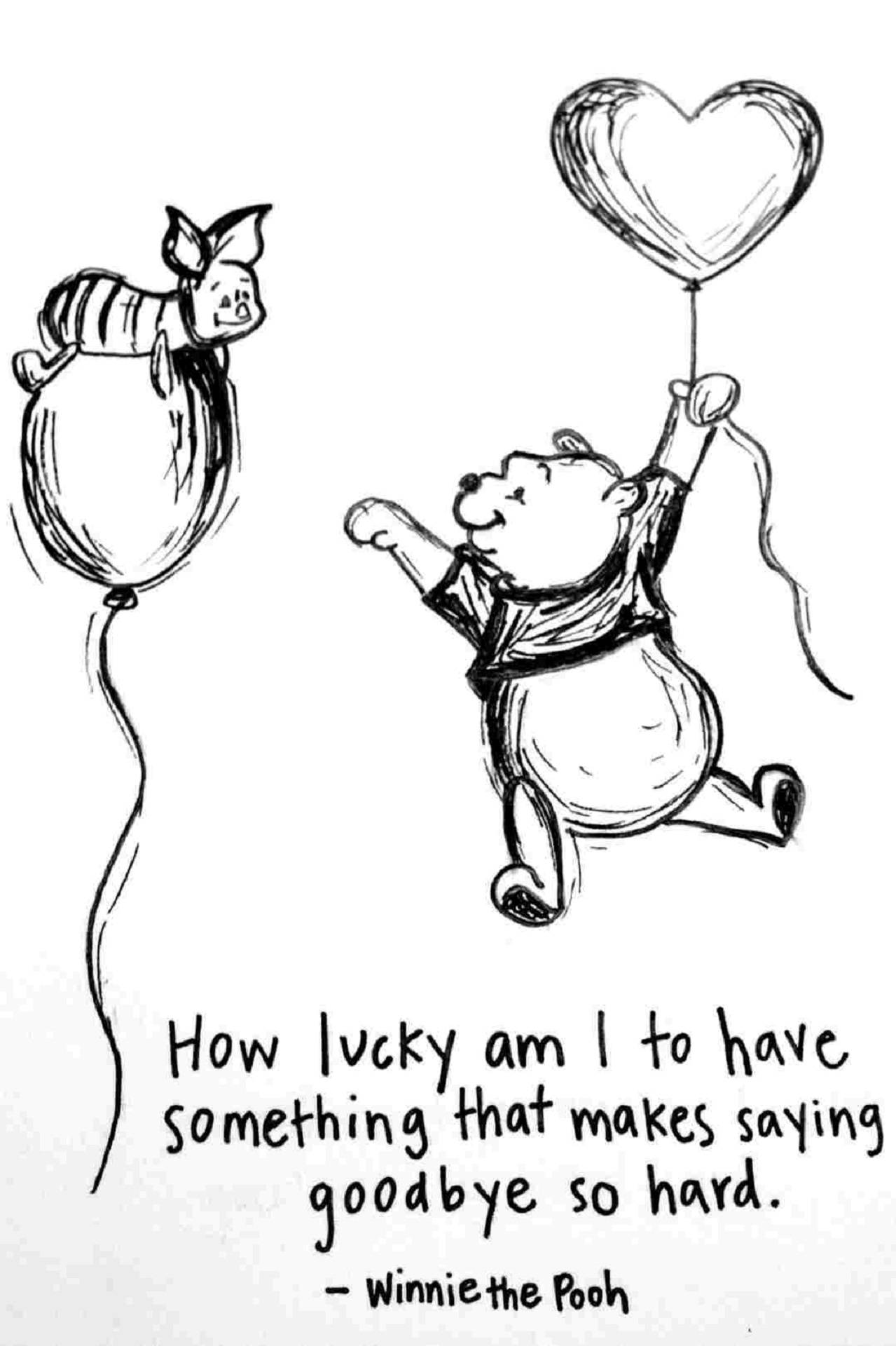 Winnie The Pooh Quotes 桌布 壁紙 — 小熊維尼開心地拿著一個心形氣球，小豬則騎著一個圓形氣球，一幅迷人的黑白素描。