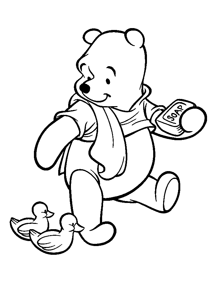 Cartoon Colouring 桌布 壁紙 — 小熊維尼開心地拿著一塊肥皂奔跑，兩隻小鴨跟在他身後。