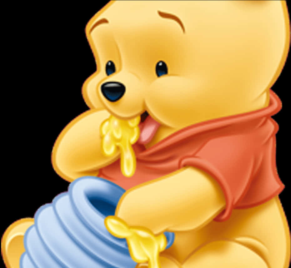 Winnie Pooh 桌布 壁紙 — 小熊維尼高興地舔著從爪子滴下來的蜂蜜，同時拿著一個藍色蜂蜜罐。