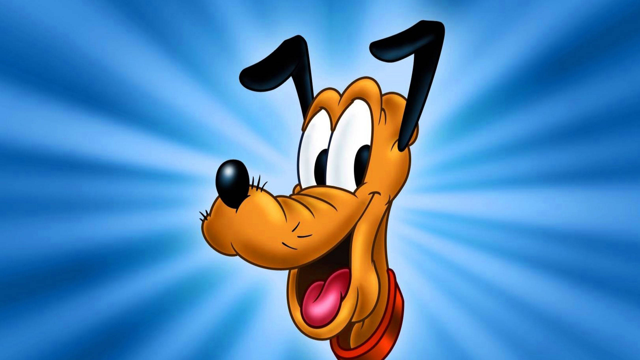 pluto 桌布 壁紙 — 小狗布魯托在充滿活力的藍色放射背景前快樂地微笑。