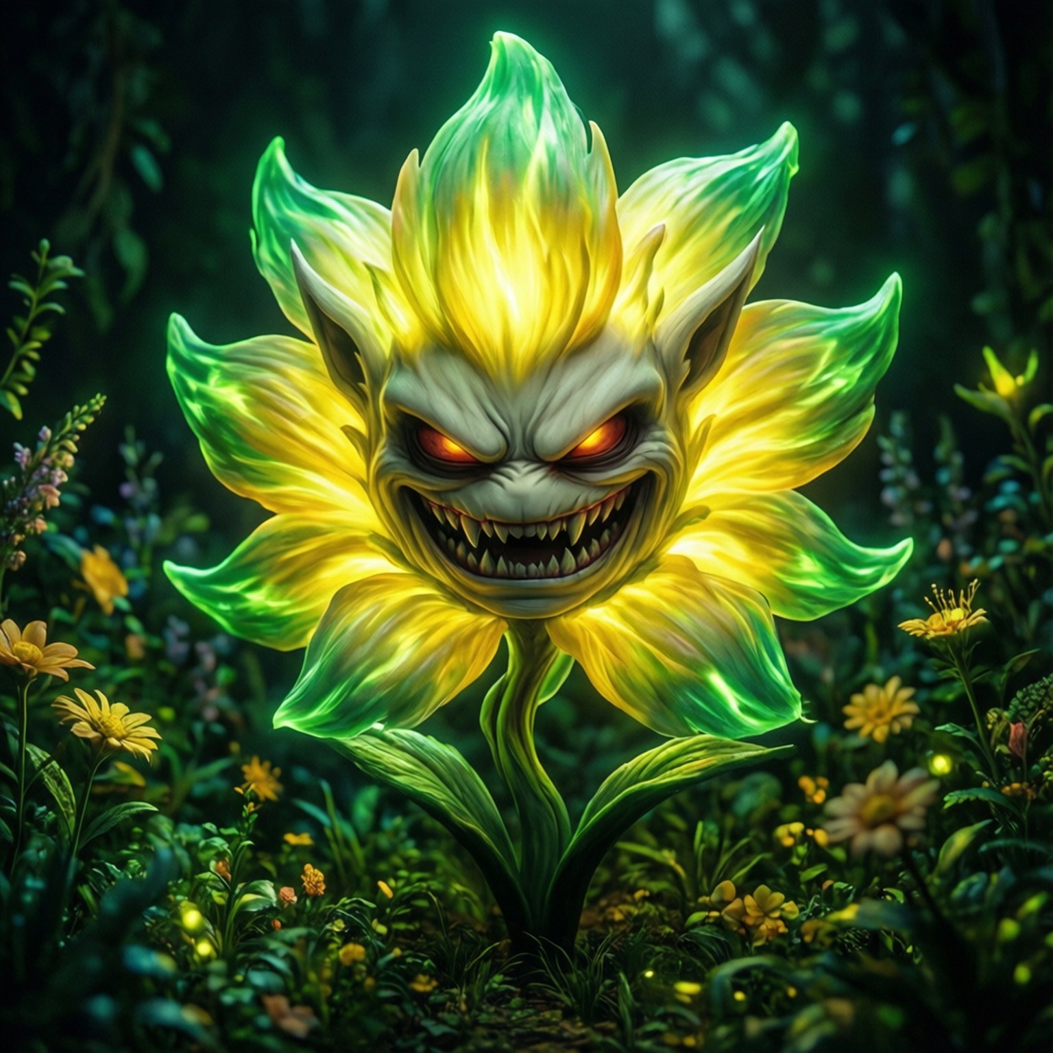 小花花的微笑 壁紙 — 一朵帶有發光紅眼和尖銳牙齒的威脅性發光向日葵，矗立在黑暗森林中，周圍環繞著較小的花朵。