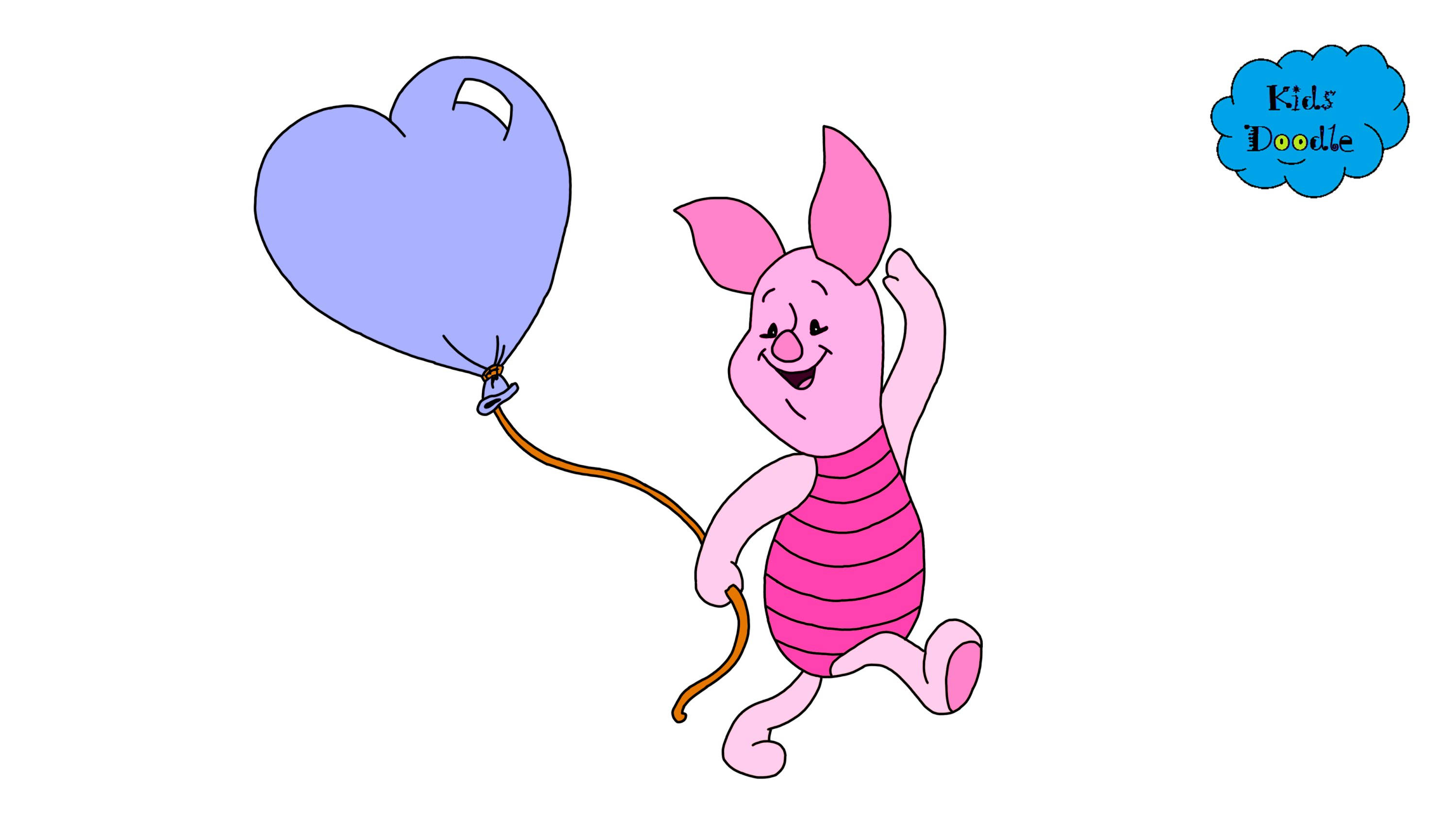 Piglet 桌布 壁紙 — 小豬快樂地奔跑，手持一個淺紫色心形氣球，繫著棕色繩子。