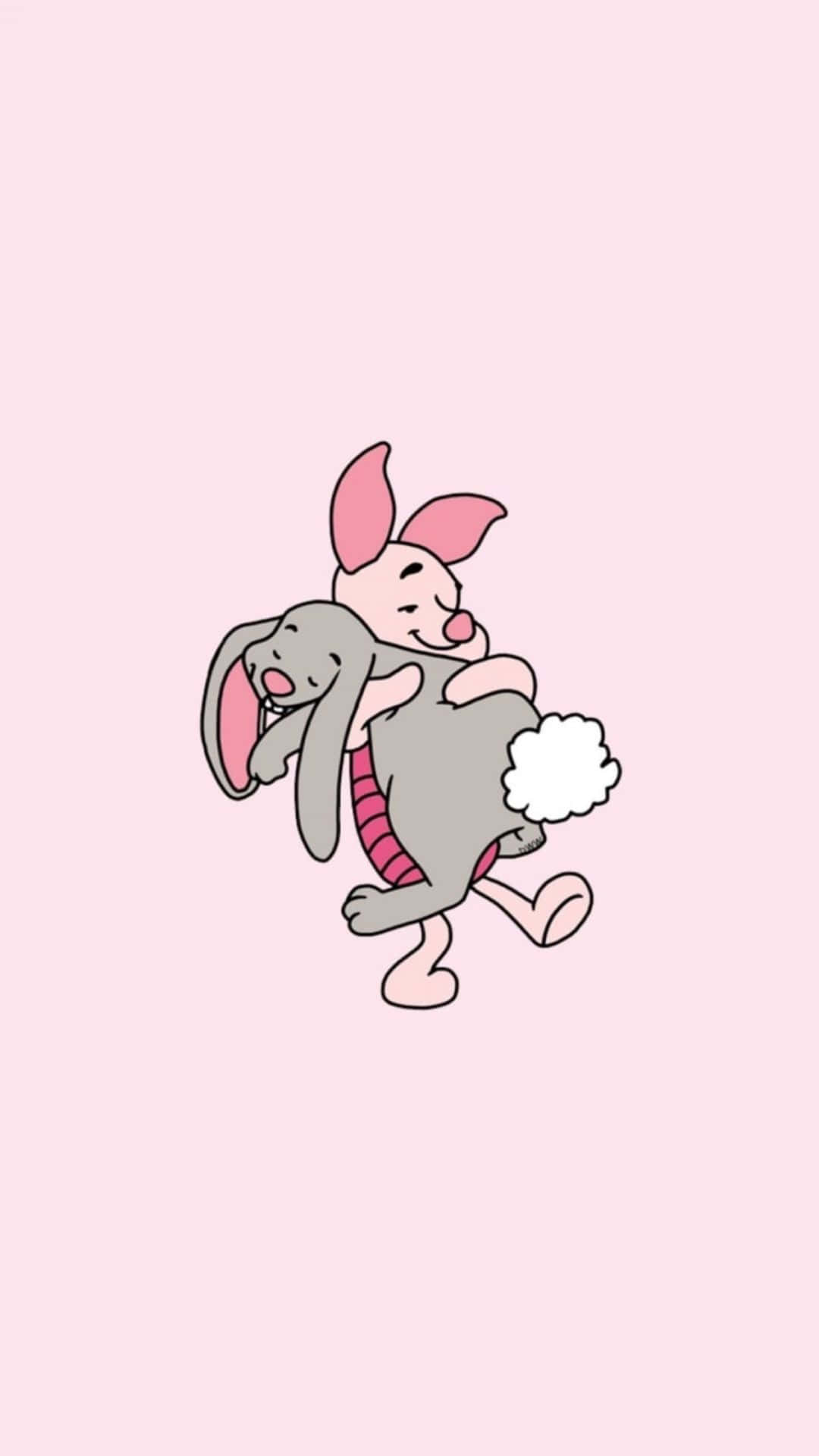 Cartoon 桌布 壁紙 — 小豬快樂地擁抱一隻有粉紅色耳朵的灰色兔子，背景是柔和的粉紅色。