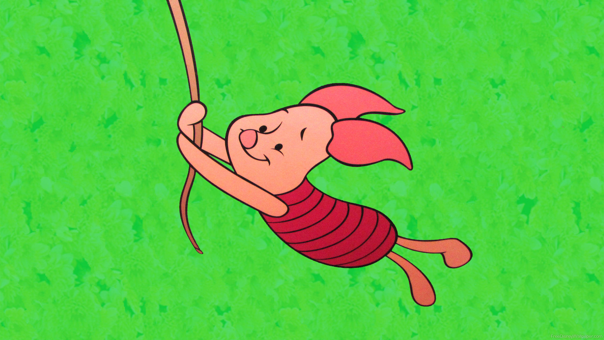 Piglet 桌布 壁紙 — 小豬皮傑在經典迪士尼動畫的紋理綠色背景上，快樂地在繩子上搖擺。