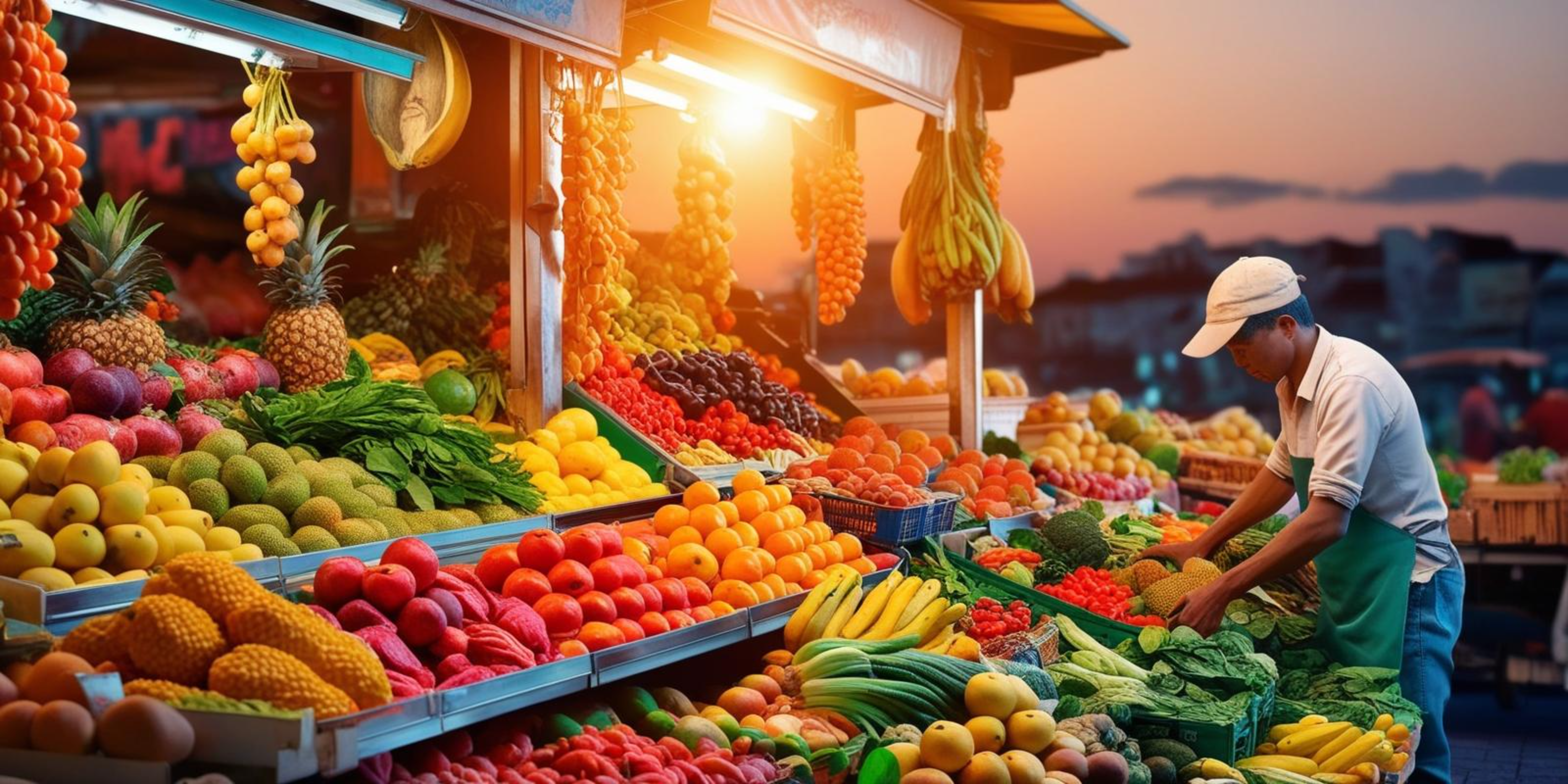 Market 桌布 壁紙 — 小販在溫暖的日落光線下，在戶外市場攤位擺放鮮豔的熱帶水果和蔬菜。