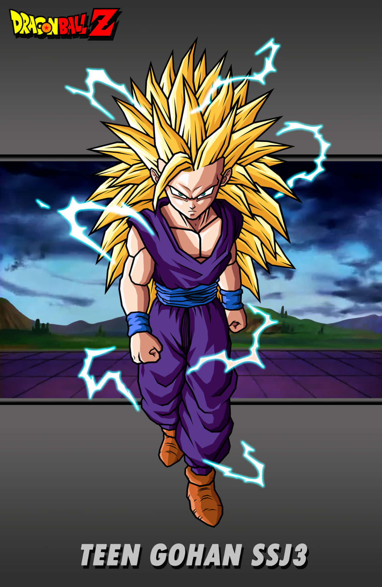 Ssj3 桌布 壁紙 — 少年悟飯以超級賽亞人3形態，擁有金色尖刺頭髮和周圍的閃電，在暴風雨的天空下強勢站立。