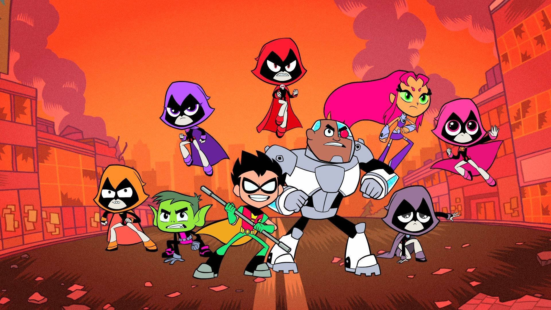 teen titans go 桌布 壁紙 — 少年泰坦角色在橙色天空下英勇地站在燃燒的城市廢墟中。