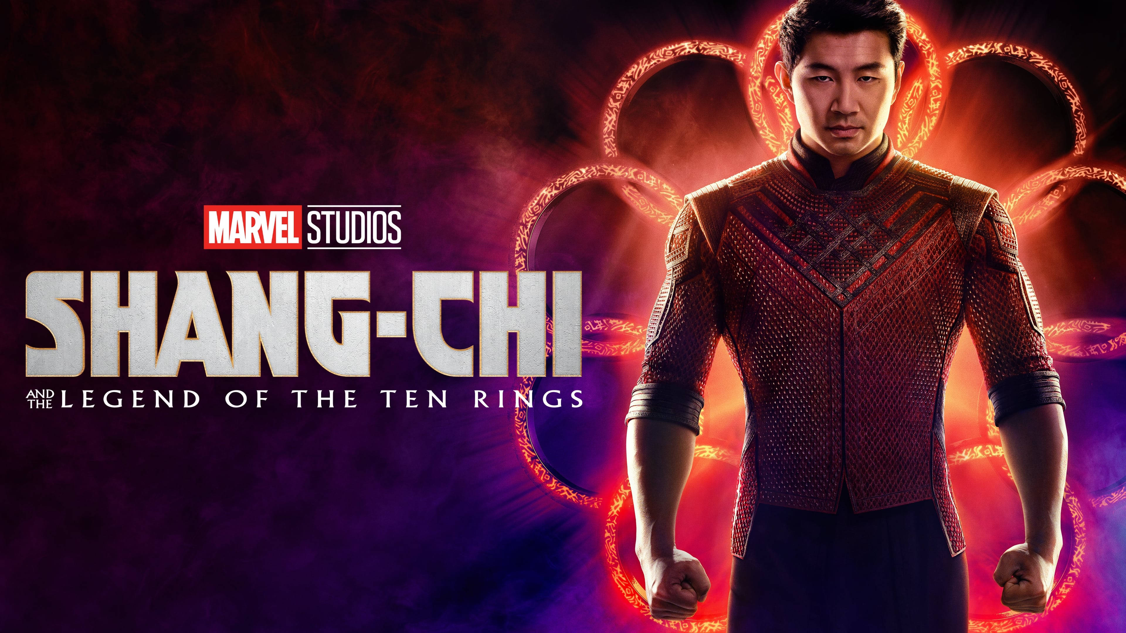 Shang 桌布 壁紙 — 尚氣身穿紅色圖案西裝，在深紫色背景上強勢站立，身後有發光的橙色圓環。