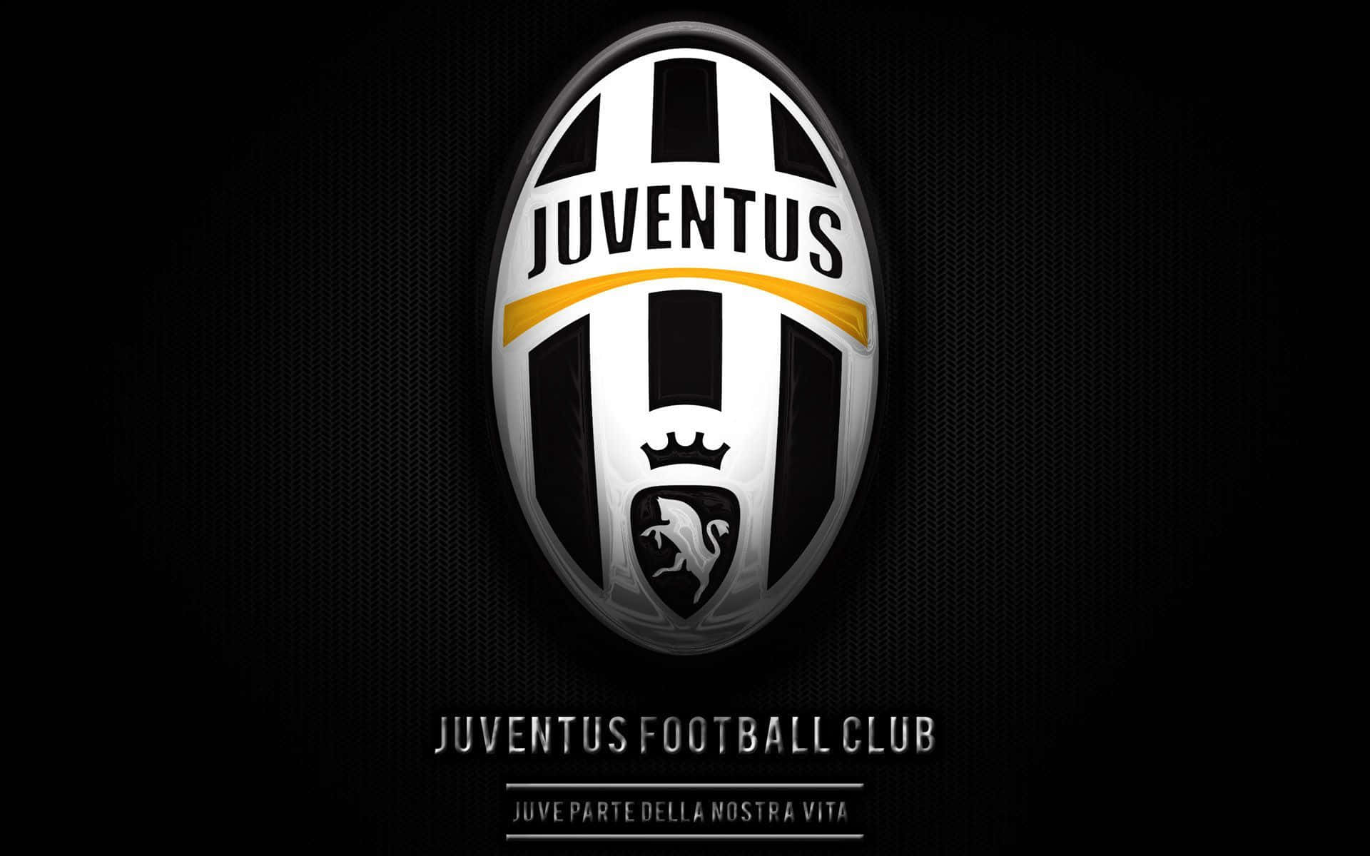 Juventus 桌布 壁紙 — 尤文圖斯足球俱樂部標誌在帶有黃色條紋和皇冠徽章的紋理黑色背景上，以醒目的黑白條紋閃耀。