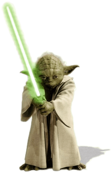 Yoda 桌布 壁紙 — 尤達以戰鬥姿態站立，手持發光的綠色光劍，背景為純黑色。