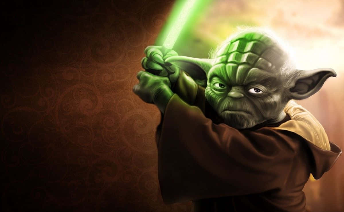 Yoda 桌布 壁紙 — 尤達在旋轉的棕色圖案背景下，專注地揮舞著發光的綠色光劍。