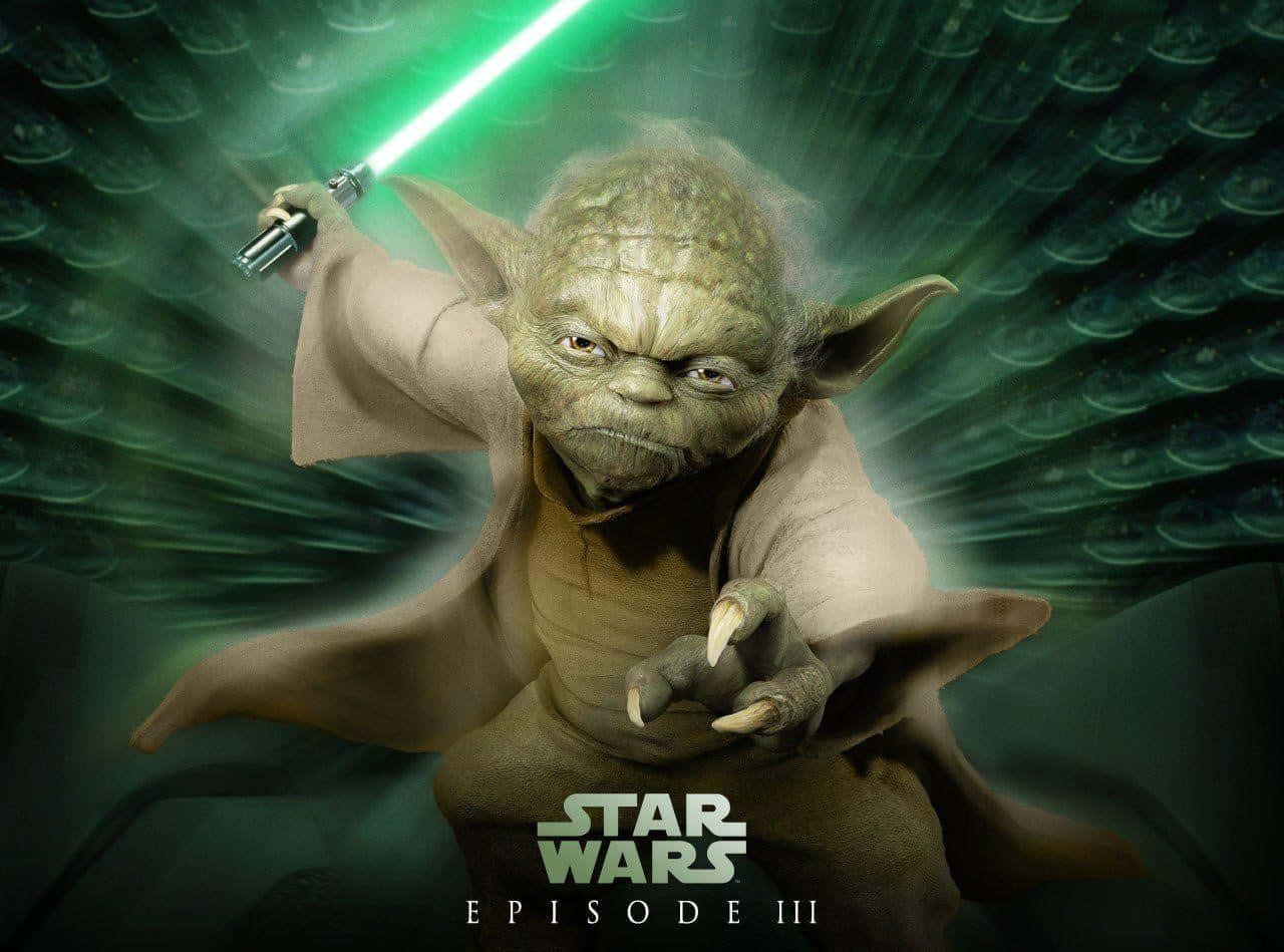 Yoda 桌布 壁紙 — 尤達在深色紋理背景前，專注地揮舞著發光的綠色光劍。