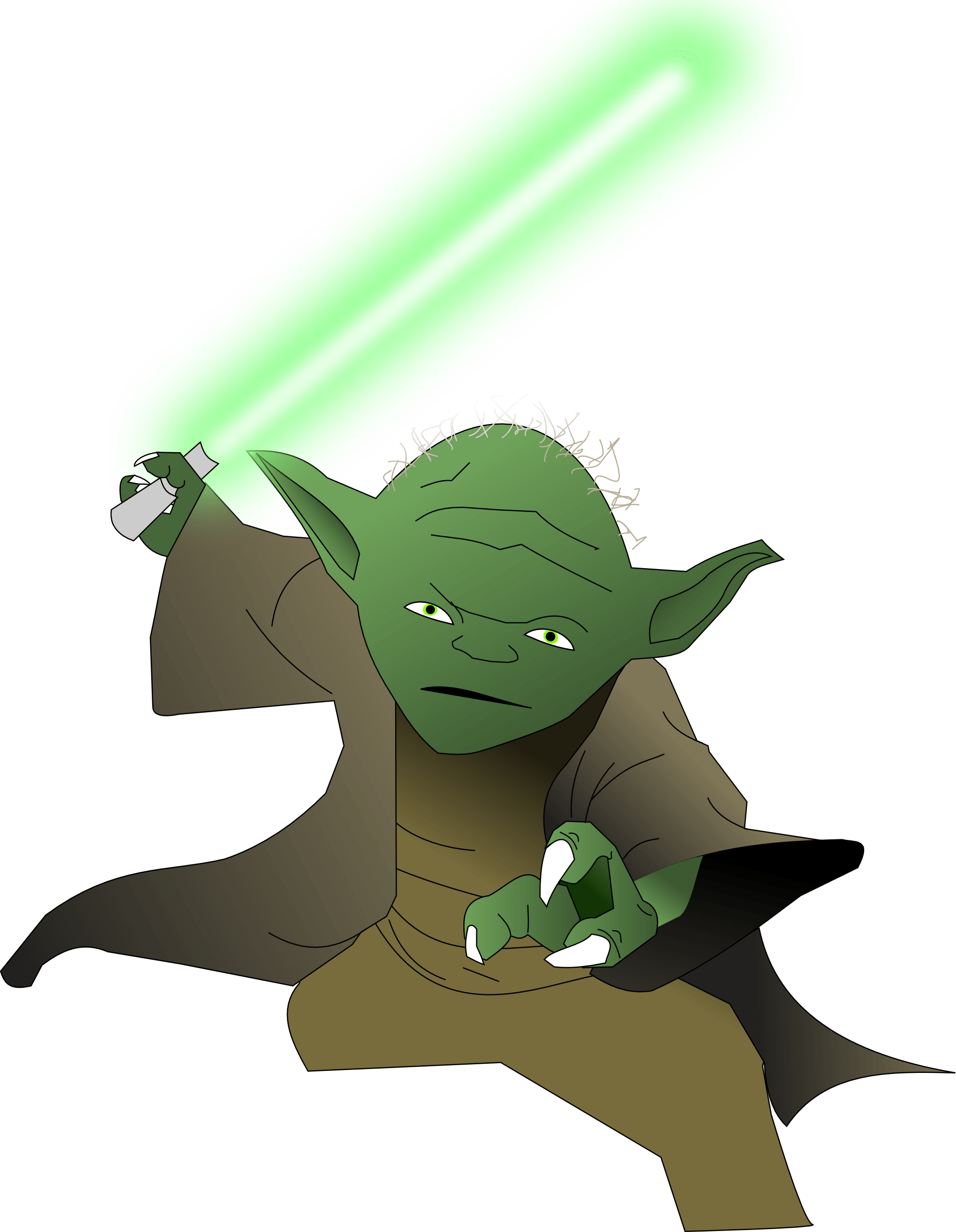 Yoda 桌布 壁紙 — 尤達在純綠色背景前以動態戰鬥姿勢揮舞著發光的綠色光劍。