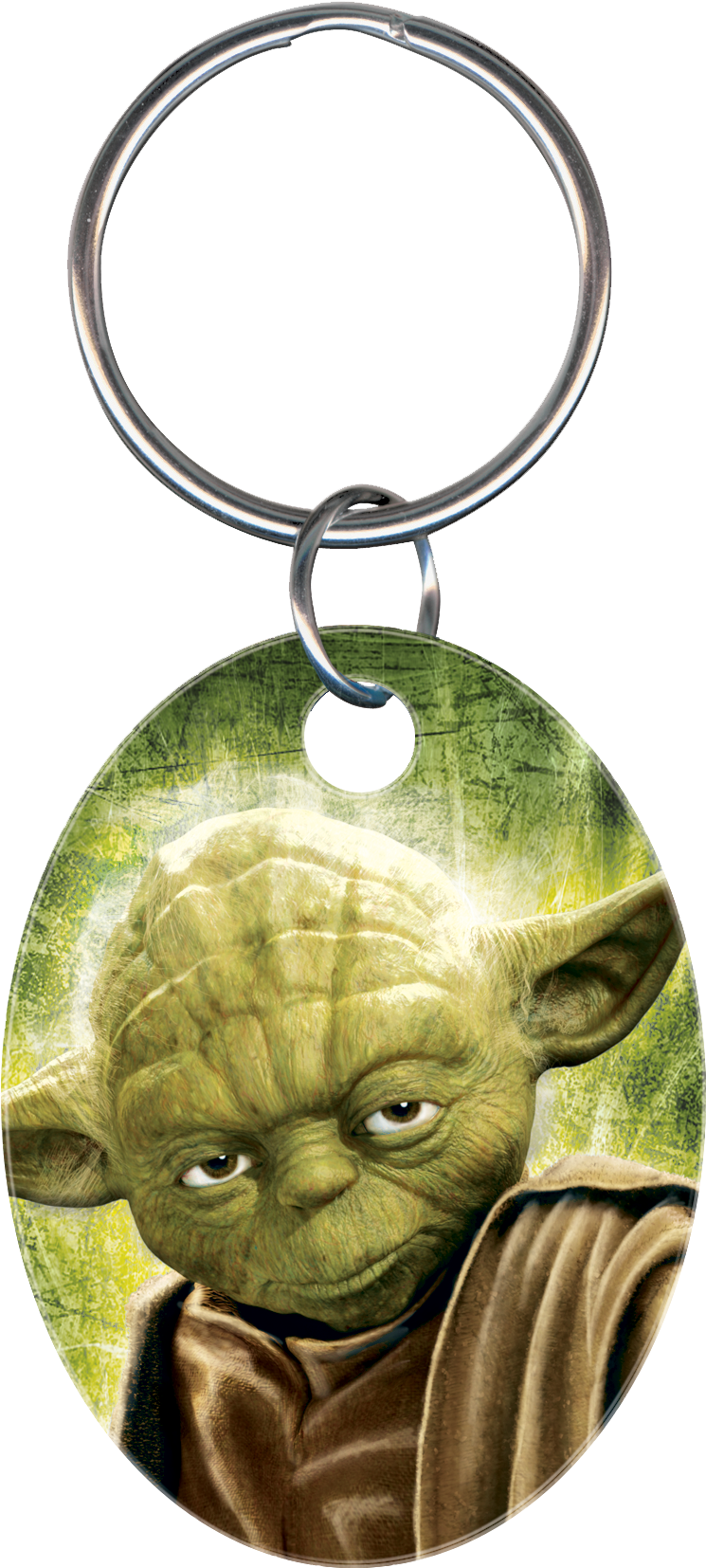 Yoda 桌布 壁紙 — 尤達在金屬鑰匙圈上的特寫，帶有發光的綠色光環，背景為深色。