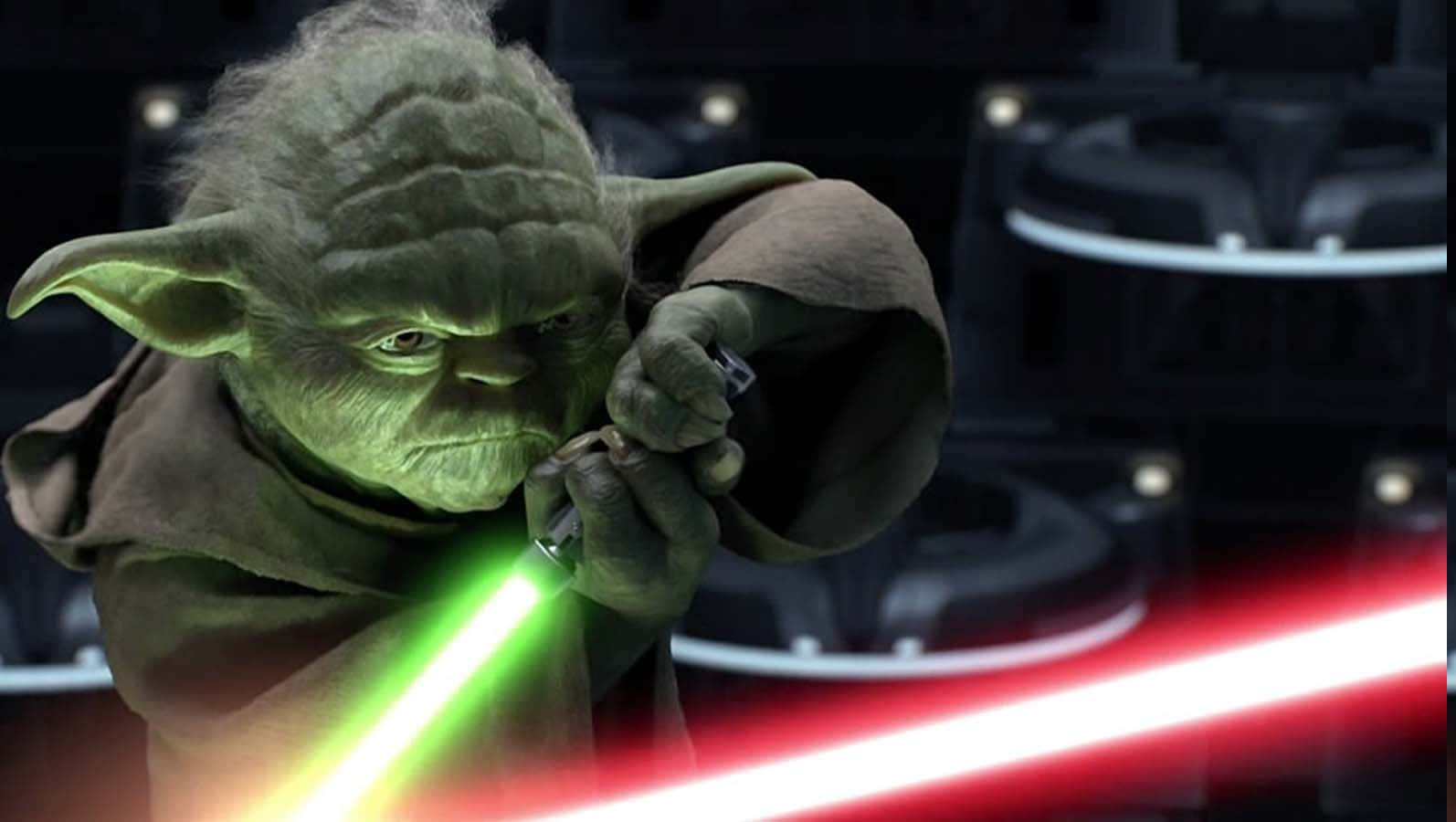 Lightsaber Duels 桌布 壁紙 — 尤達在黑暗的高科技競技場中揮舞綠色光劍對抗紅色光劍。