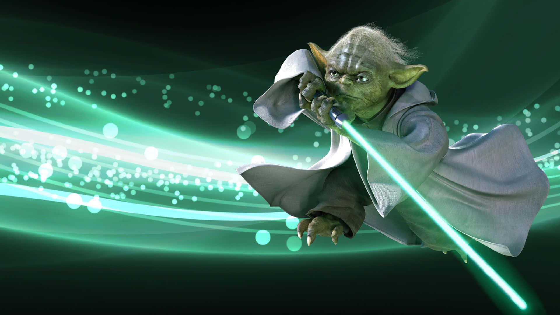 Yoda 桌布 壁紙 — 尤達大師動態跳躍，揮舞著發光的綠色光劍，背景是旋轉的綠色能量。