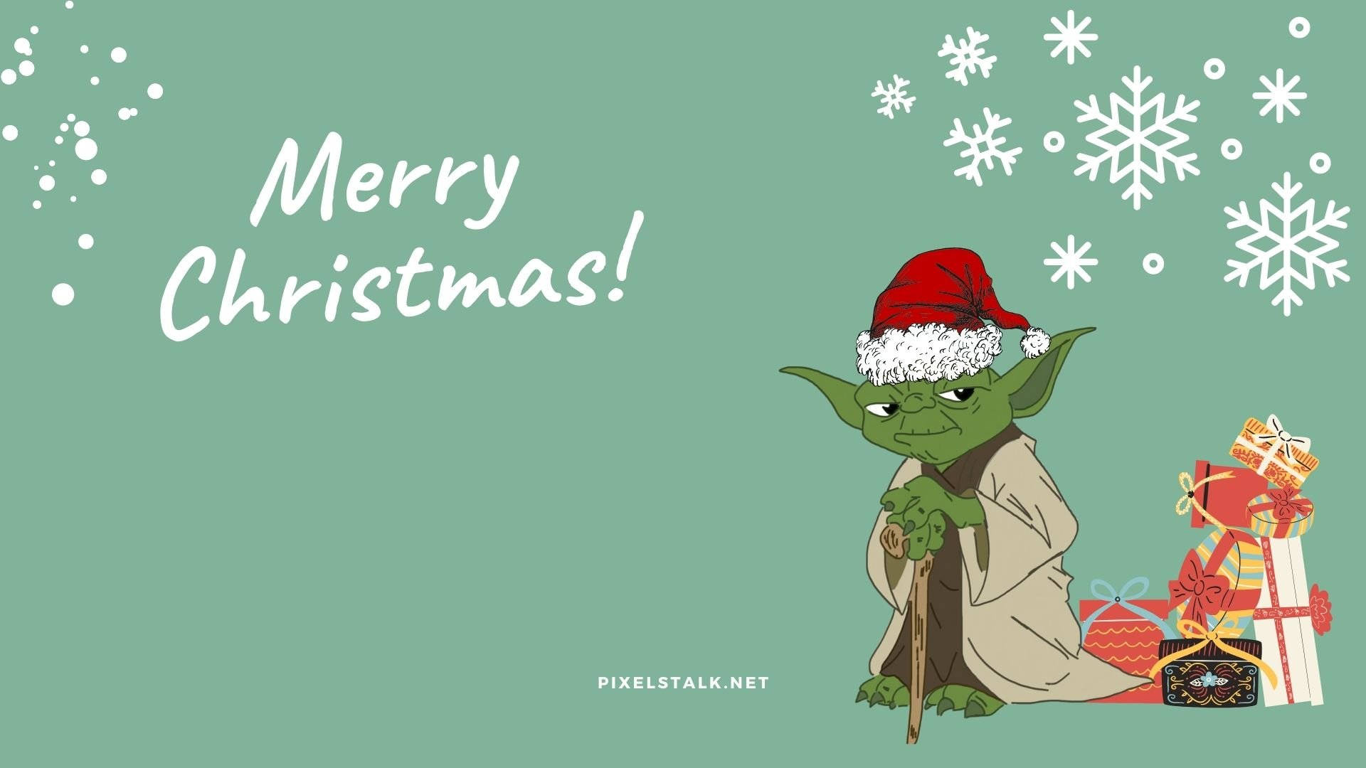 節日 桌布 壁紙 — 尤達戴著聖誕帽坐在包裝好的禮物旁邊，雪花飄落在薄荷綠色背景上。