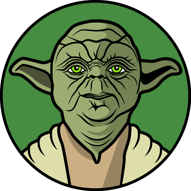 Yoda 桌布 壁紙 — 尤達的卡通插圖，綠色皮膚，尖耳朵，背景為純綠色圓形。