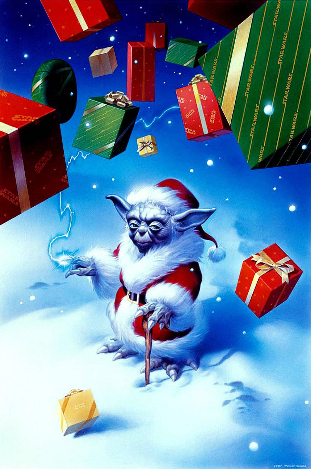 Yoda 桌布 壁紙 — 尤達穿著聖誕老人套裝站在雪地中施展魔法，星戰禮物盒在星空下漂浮在他周圍。