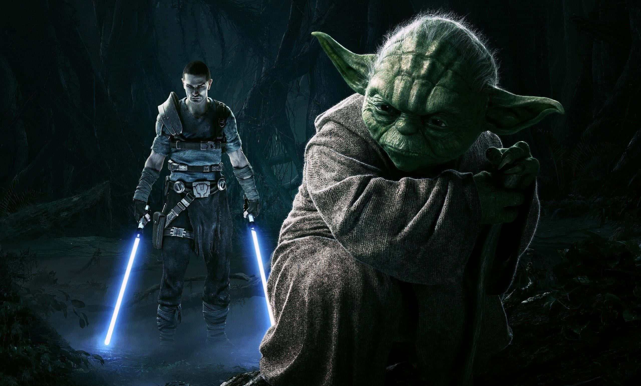 Yoda 桌布 壁紙 — 尤達與一名年輕絕地武士在昏暗的洞穴中揮舞藍色光劍。