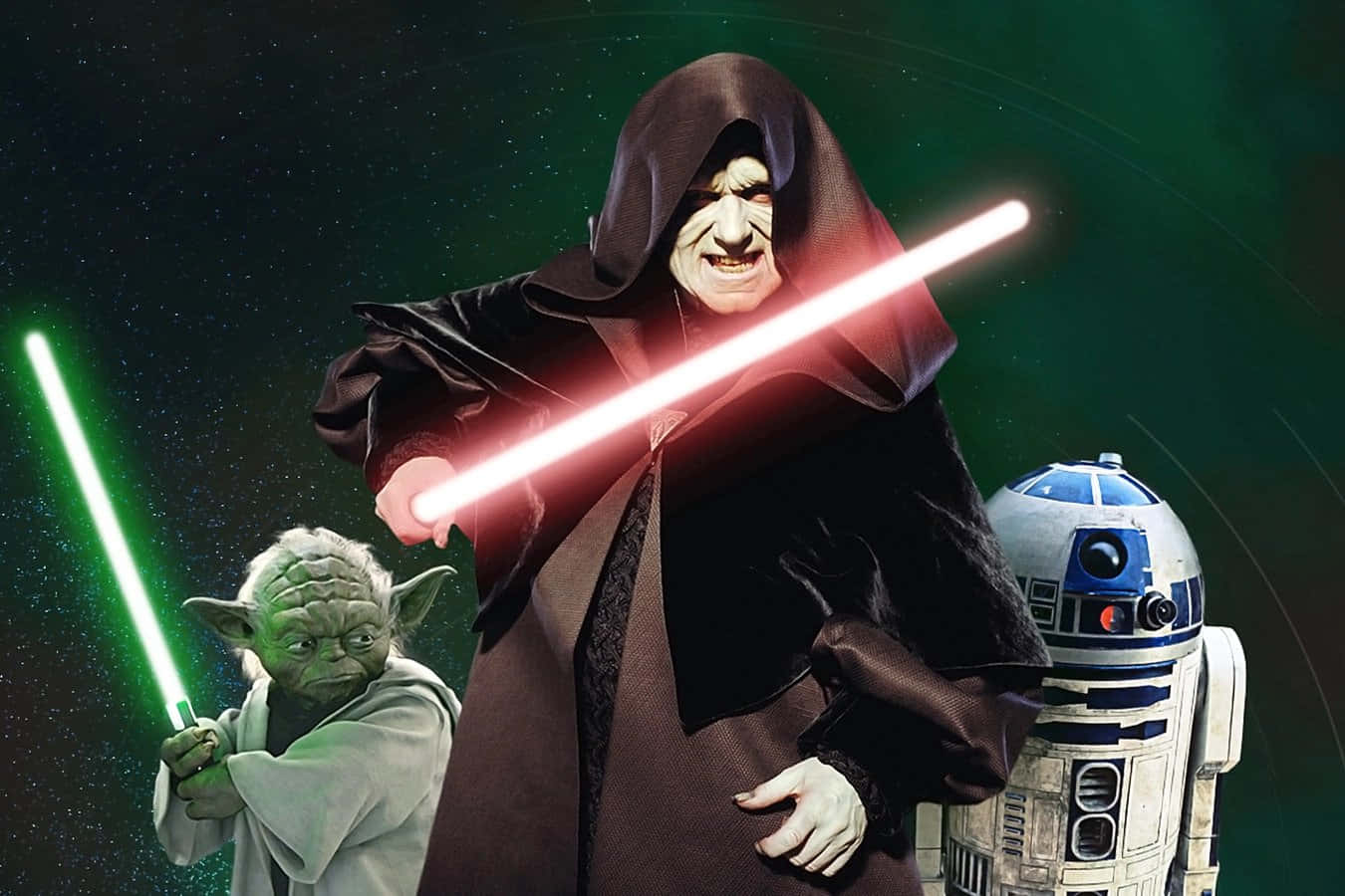 電影動圖 桌布 壁紙 — 尤達與達斯·西迪厄斯在R2-D2旁邊用發光的光劍決鬥，背景是星空太空。