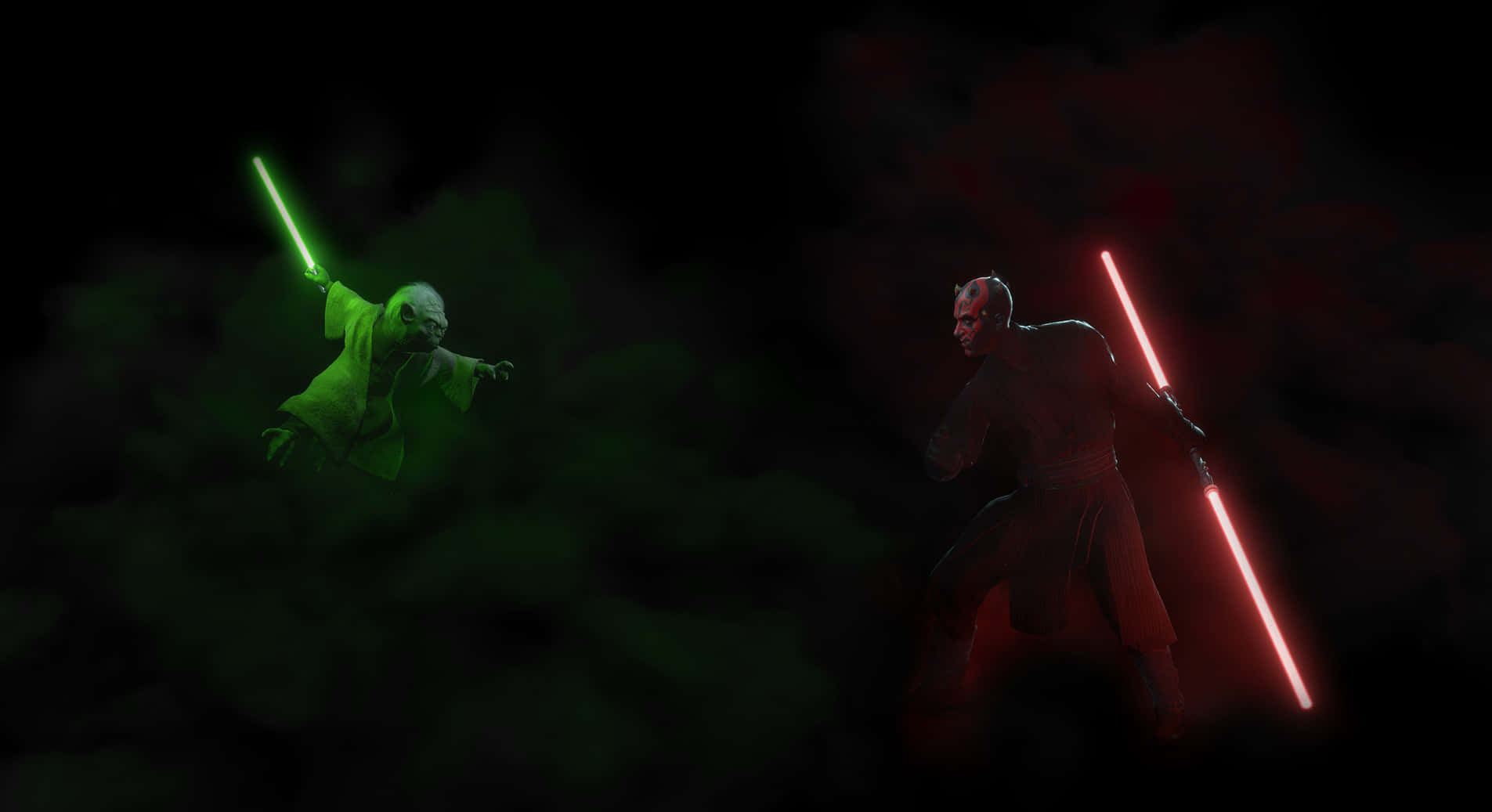 Lightsaber Duels 桌布 壁紙 — 尤達與達斯摩爾在黑暗中決鬥，手持發光的綠色和紅色光劍，周圍煙霧繚繞。
