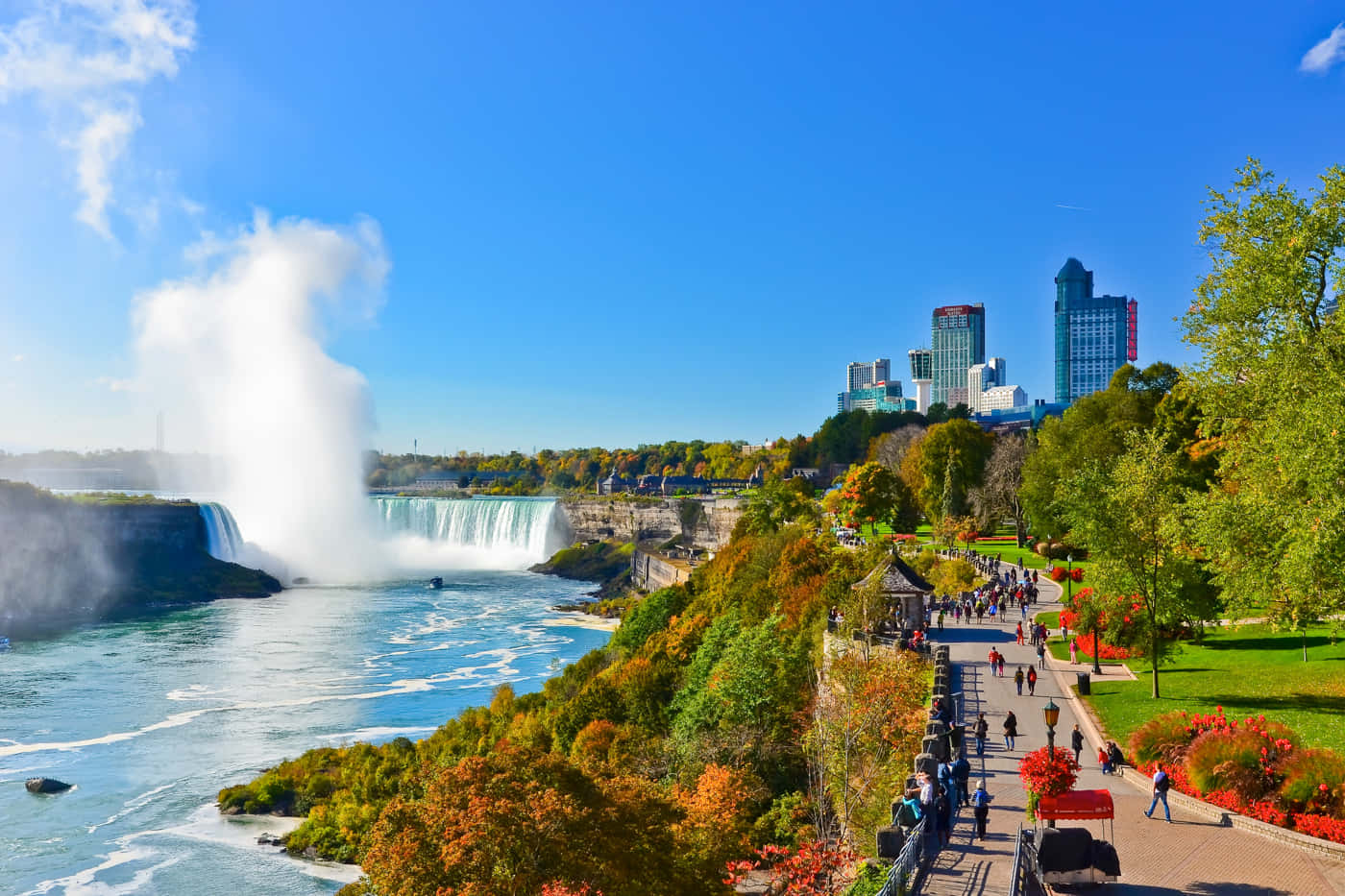Niagara Falls 桌布 壁紙 — 尼亞加拉大瀑布充滿活力的秋景，瀑布水流升騰起霧氣，遠處的城市天際線在清澈的藍天下清晰可見。