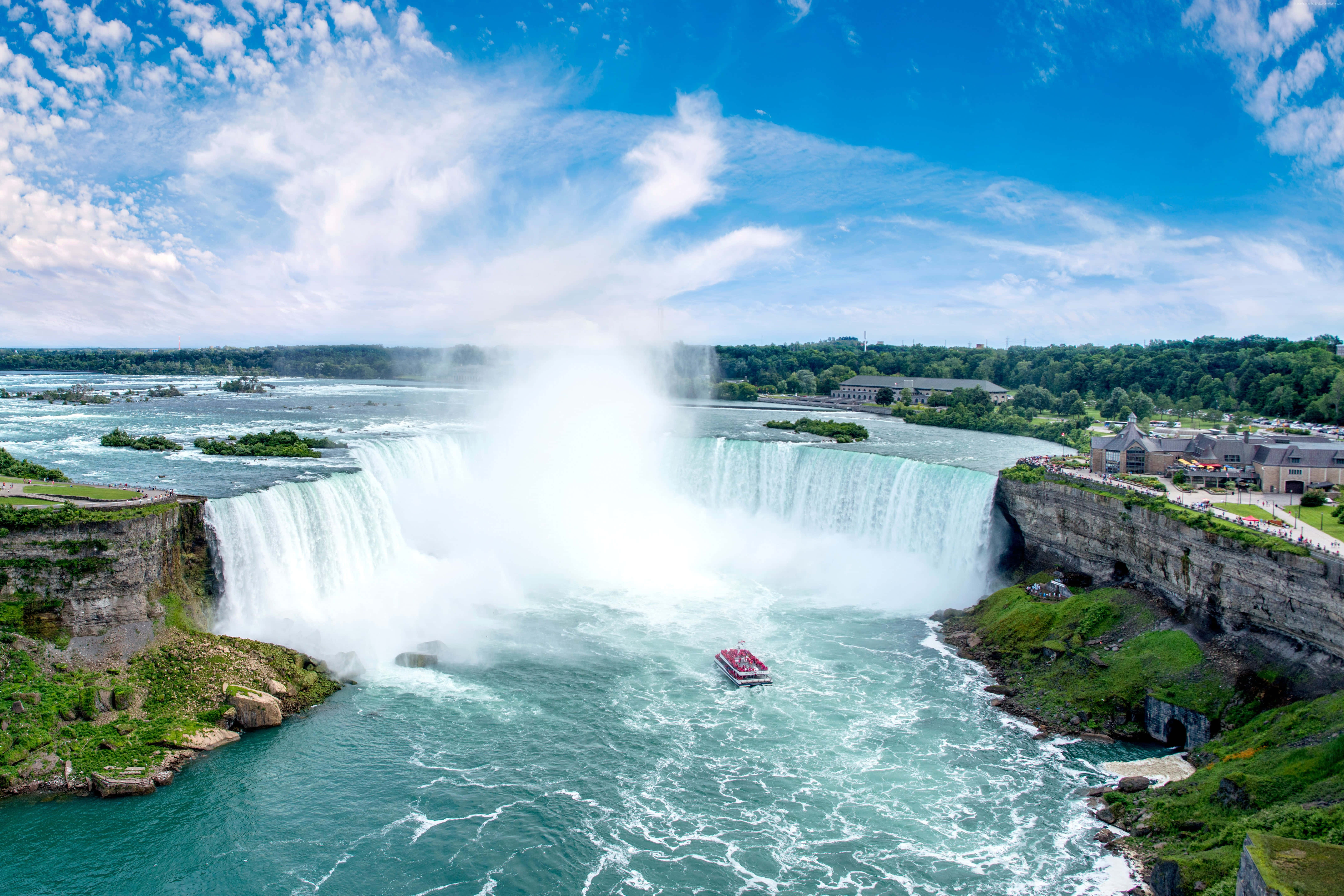 Niagara Falls 桌布 壁紙 — 尼亞加拉大瀑布的航拍圖，在明亮的藍天和散落的雲朵下強勁地傾瀉而下，一艘觀光船在下方湍急的水域中航行。
