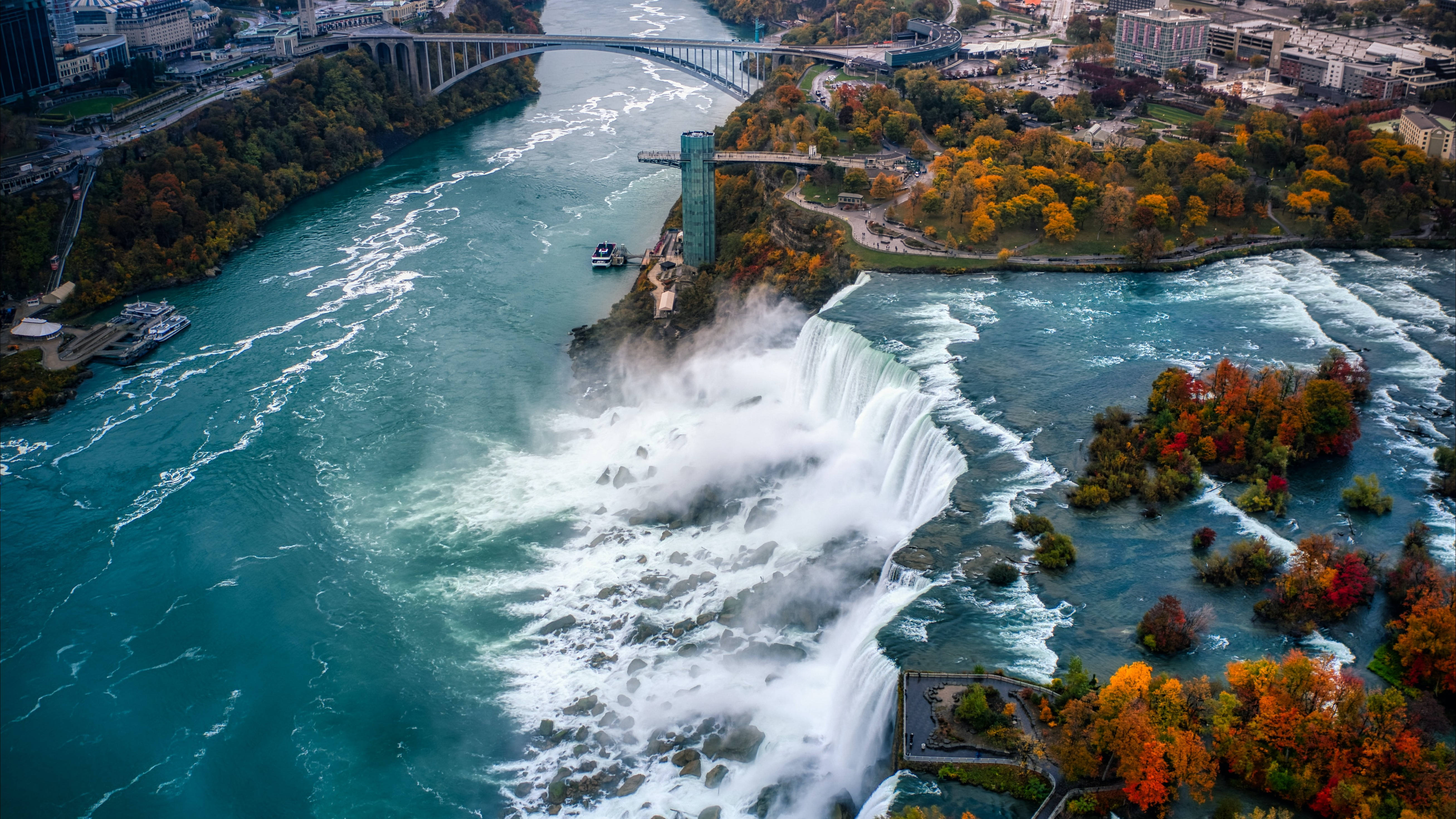 niagara 桌布 壁紙 — 尼亞加拉大瀑布的航拍圖，瀑布強勁地傾瀉入藍綠色的水域，周圍環繞著秋葉和城市基礎設施。