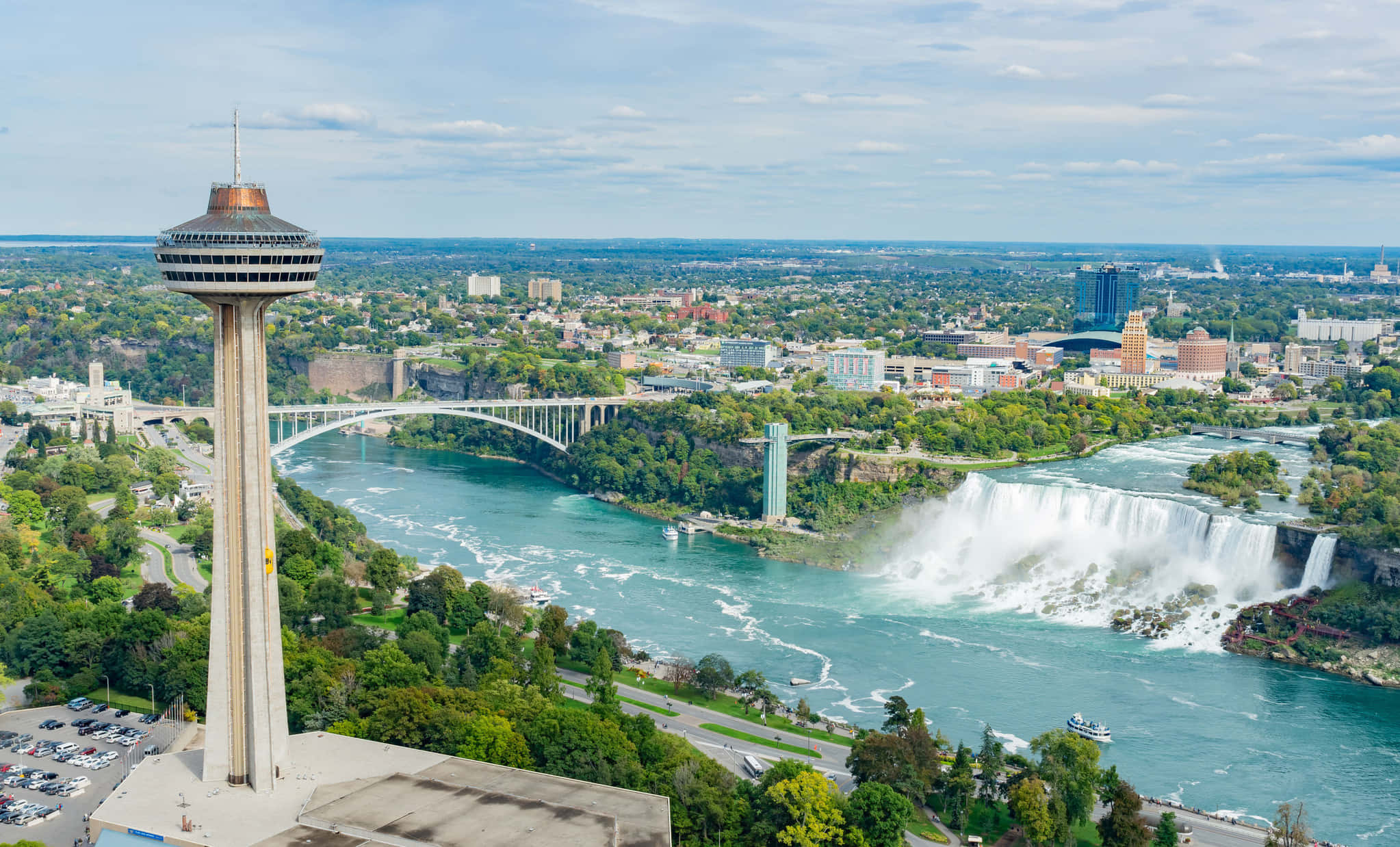 Niagara Falls 桌布 壁紙 — 尼亞加拉大瀑布的鳥瞰圖，Skylon Tower 在碧綠的水面和茂密的綠植上方主導天際線，天空部分多雲。