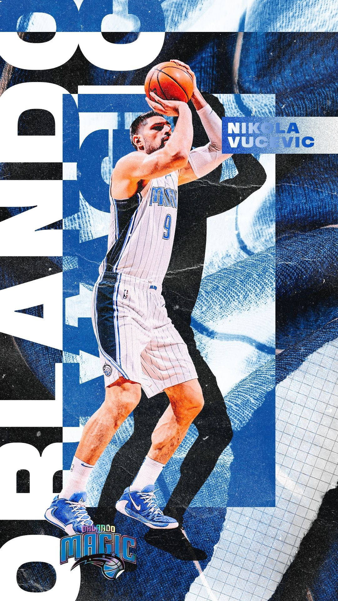 NBA 桌布 壁紙 — 尼古拉·武切維奇身穿奧蘭多魔術隊球衣，在動態藍色幾何背景中投籃。