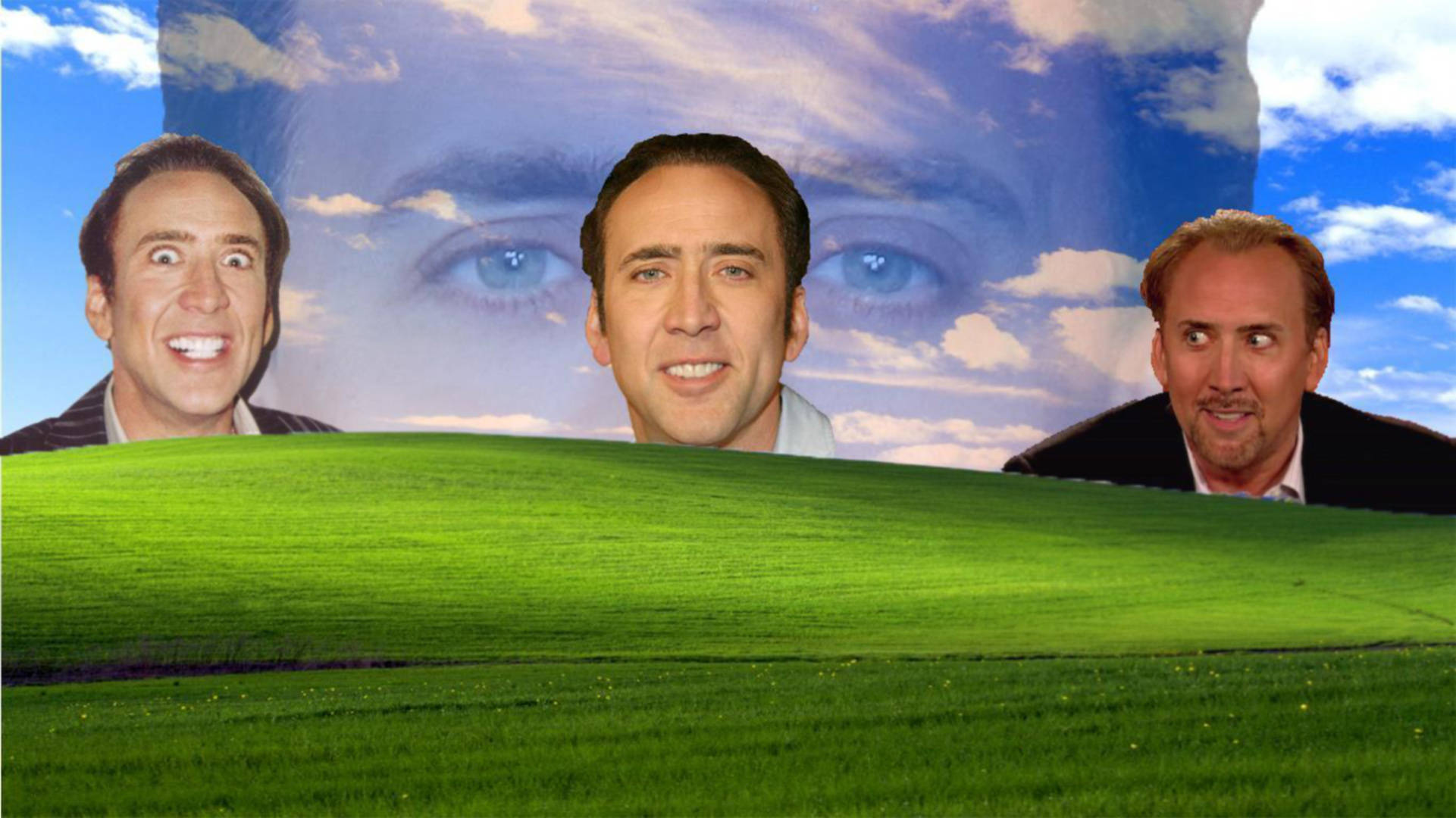 nicolas cage meme 桌布 壁紙 — 尼可拉斯·凱吉三個表情豐富的臉孔出現在綠色山丘上方，天空中有他的巨眼。