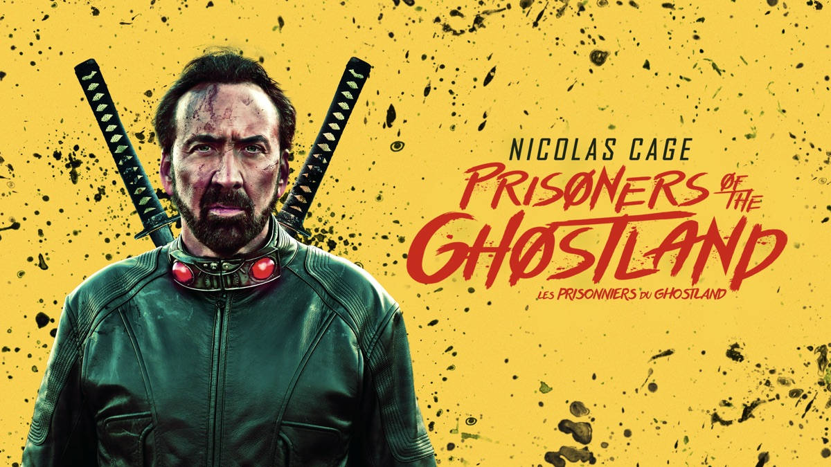 prisoners of the ghostland 桌布 壁紙 — 尼可拉斯·凱吉在黃色潑濺背景上，肩上交叉兩把劍，眼神強烈地凝視。