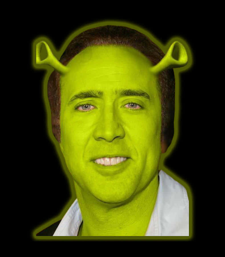 Funny Shrek 桌布 壁紙 — 尼可拉斯·凱吉綠色面孔和史瑞克耳朵，黑色背景，發光輪廓。