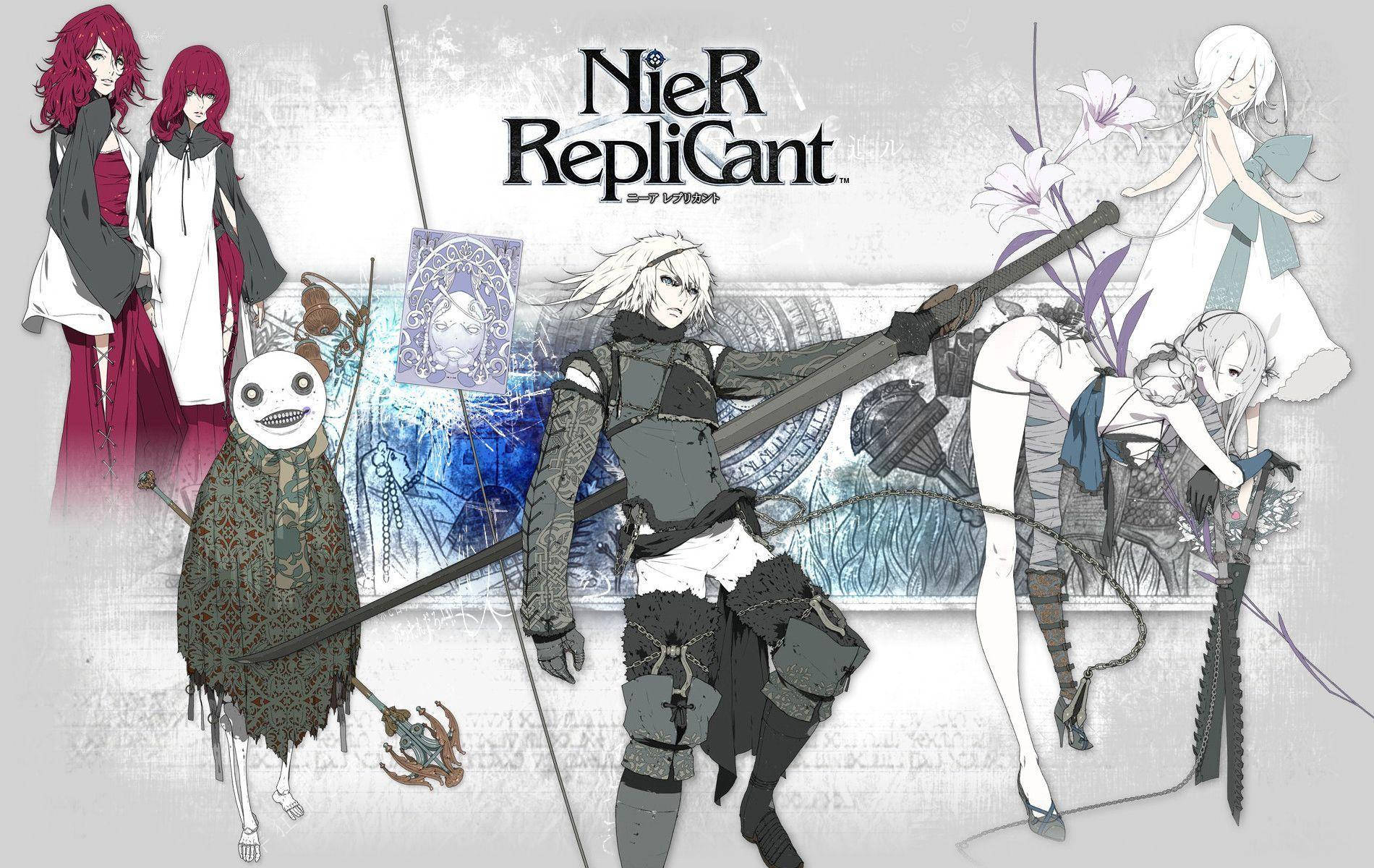 Nier 桌布 壁紙 — 《尼爾 人工生命》中的動畫角色在帶有花卉裝飾的紋理灰色背景上動態擺姿勢。