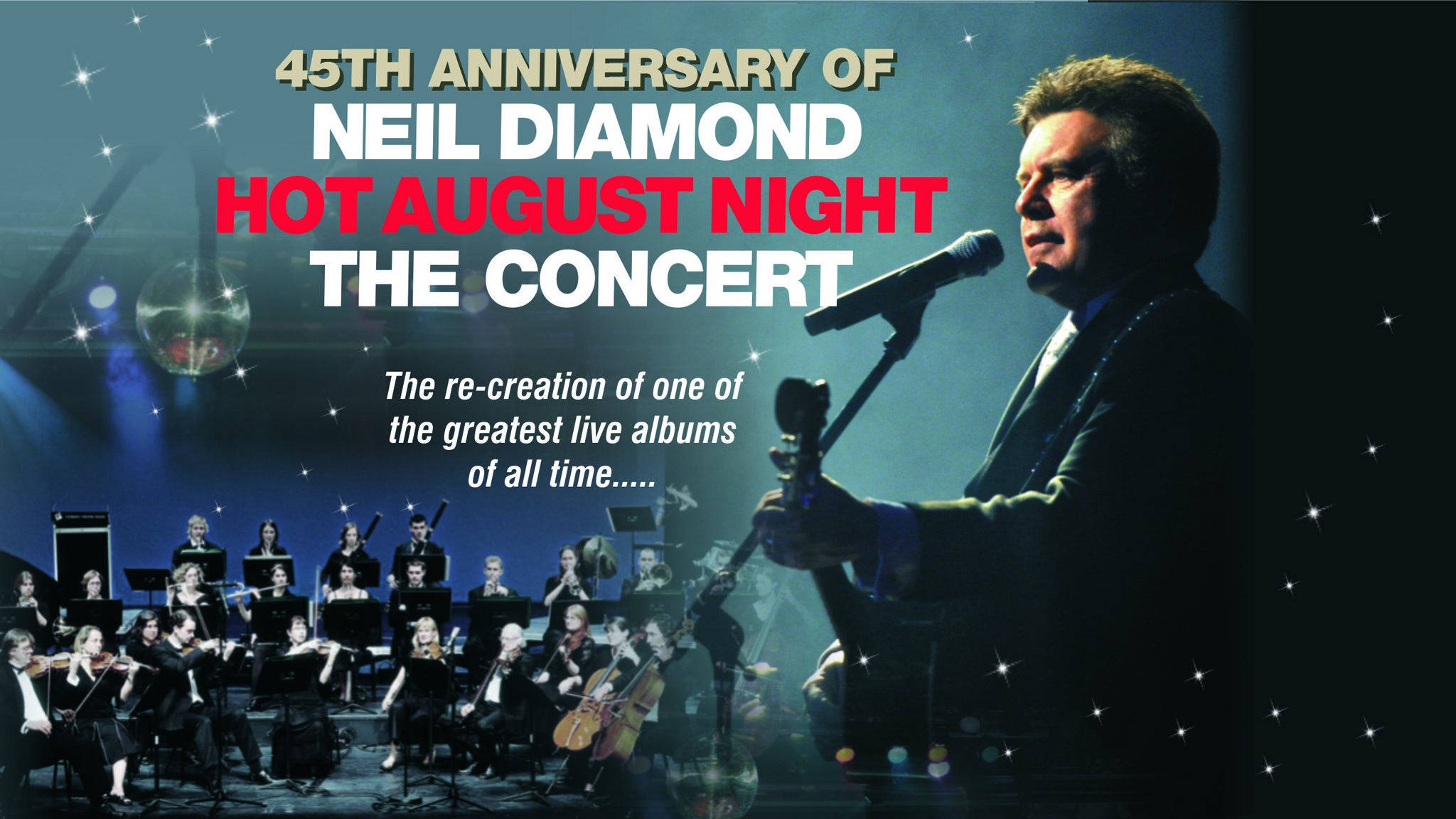 concert 桌布 壁紙 — 尼爾·戴蒙德在閃爍的舞台燈光下與管弦樂團一起在音樂會慶祝活動中表演。