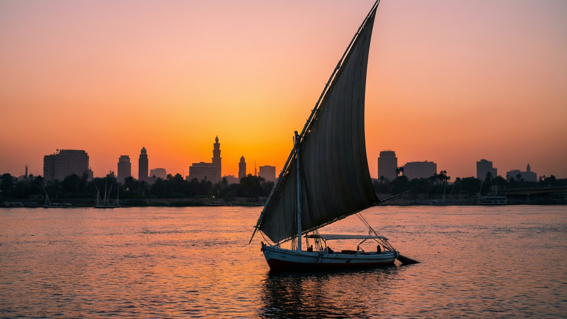 尼羅河夕陽風帆船航行 壁紙