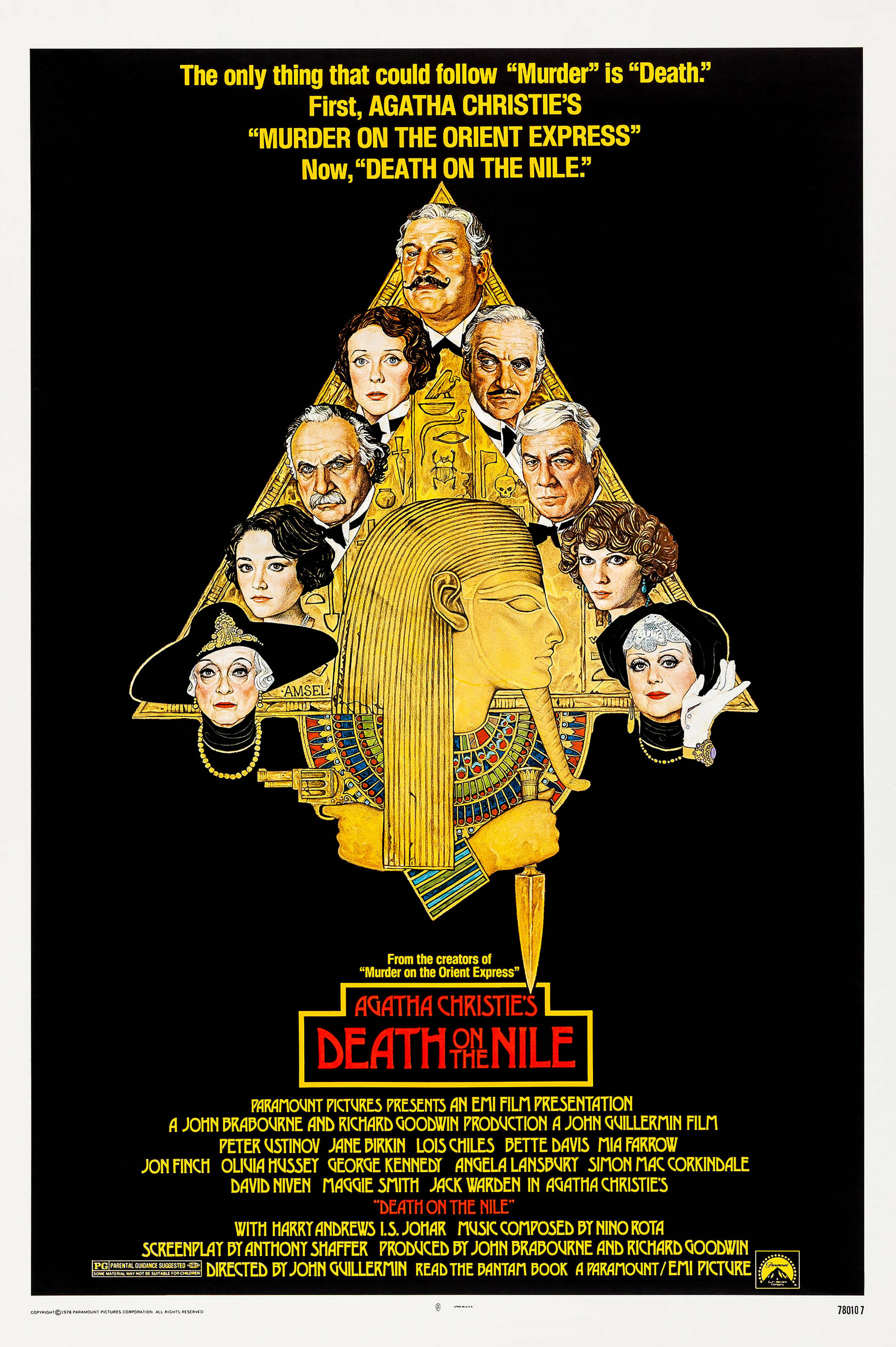 poster 桌布 壁紙 — 《尼羅河謀殺案》復古電影海報，金色法老頭像被演員肖像環繞，黑色背景。