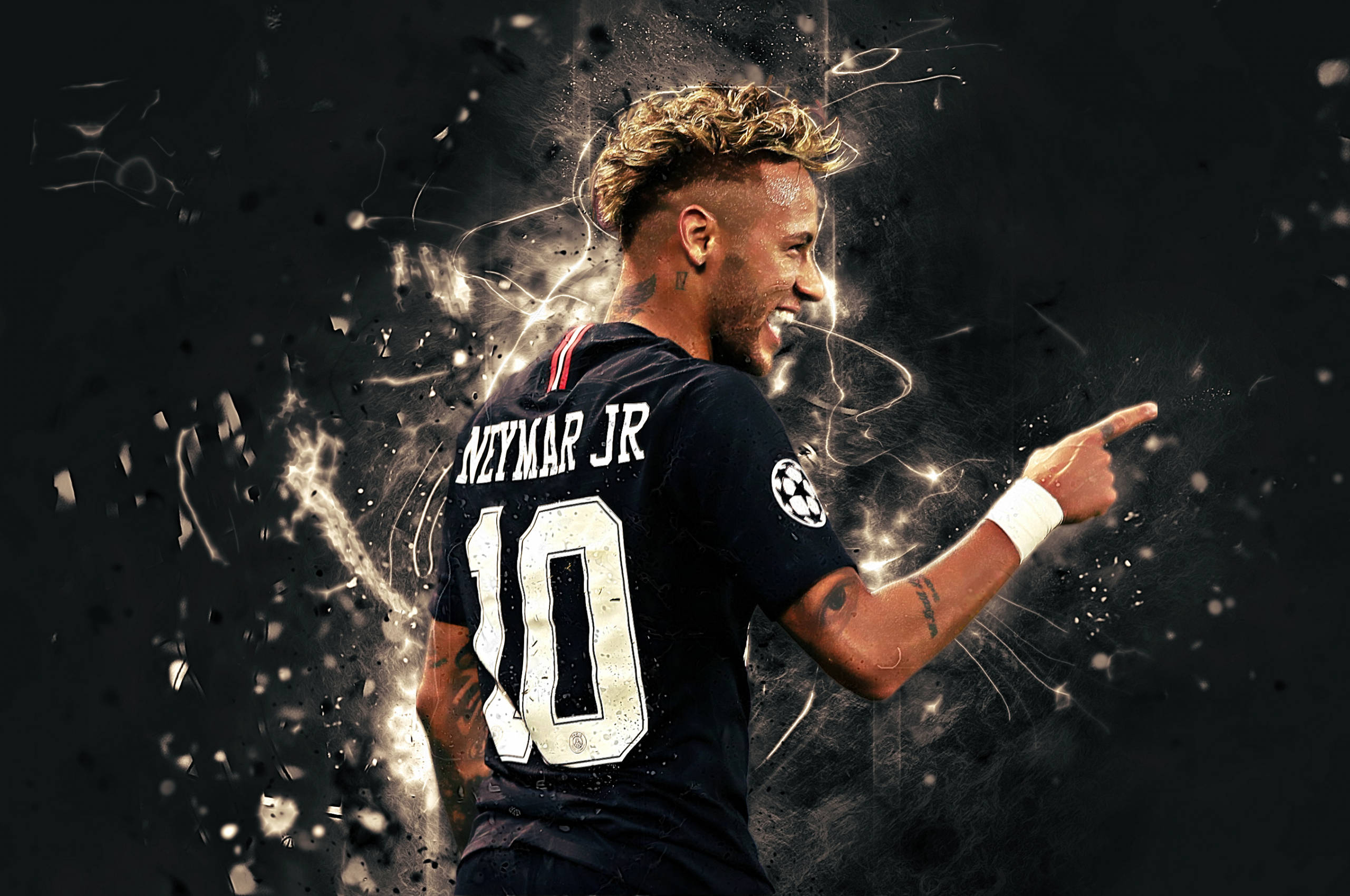 内马尔 桌布 壁紙 — 尼馬（Neymar Jr）身穿黑色足球球衣，號碼10，指向前方，周圍有發光粒子爆炸的動態數位藝術肖像。