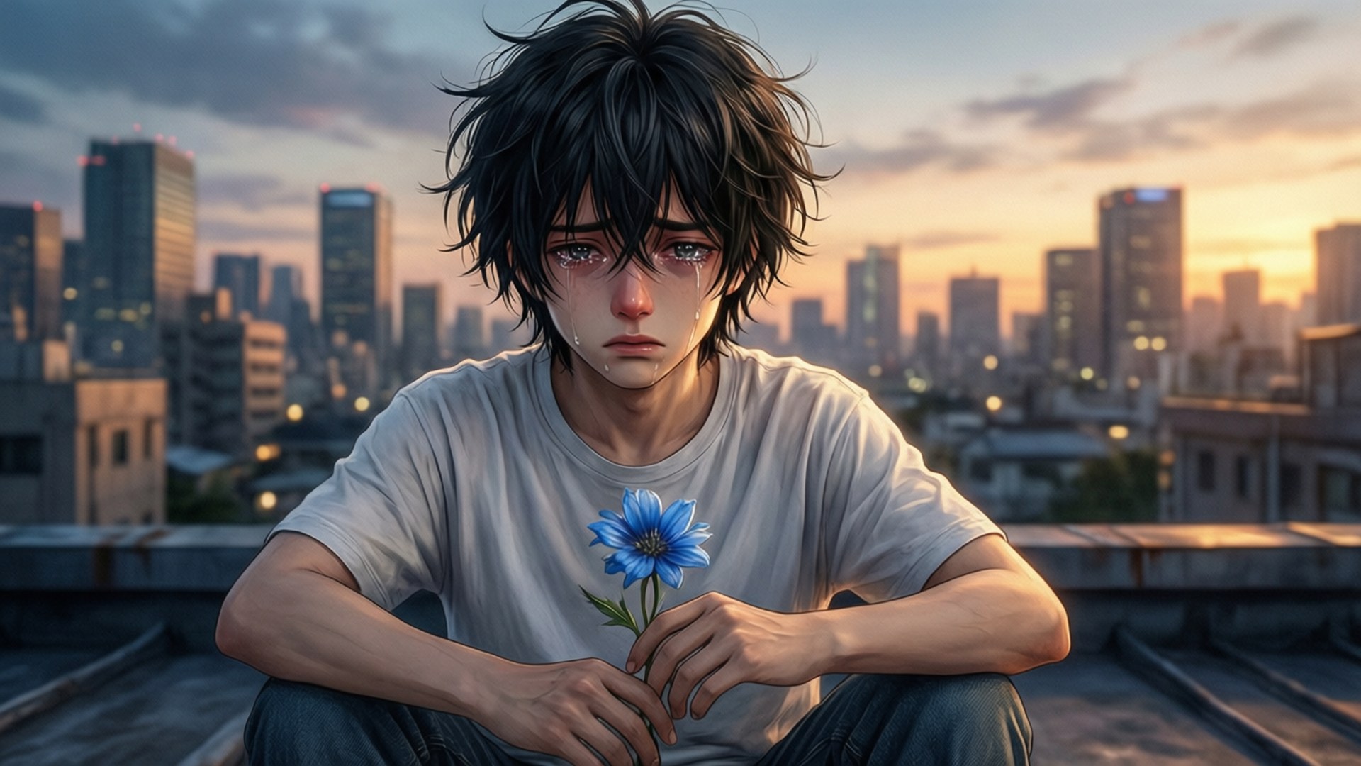 一位悲傷的動漫男孩在黃昏時獨自坐在屋頂上，在金色光芒中手持一朵藍色花朵。