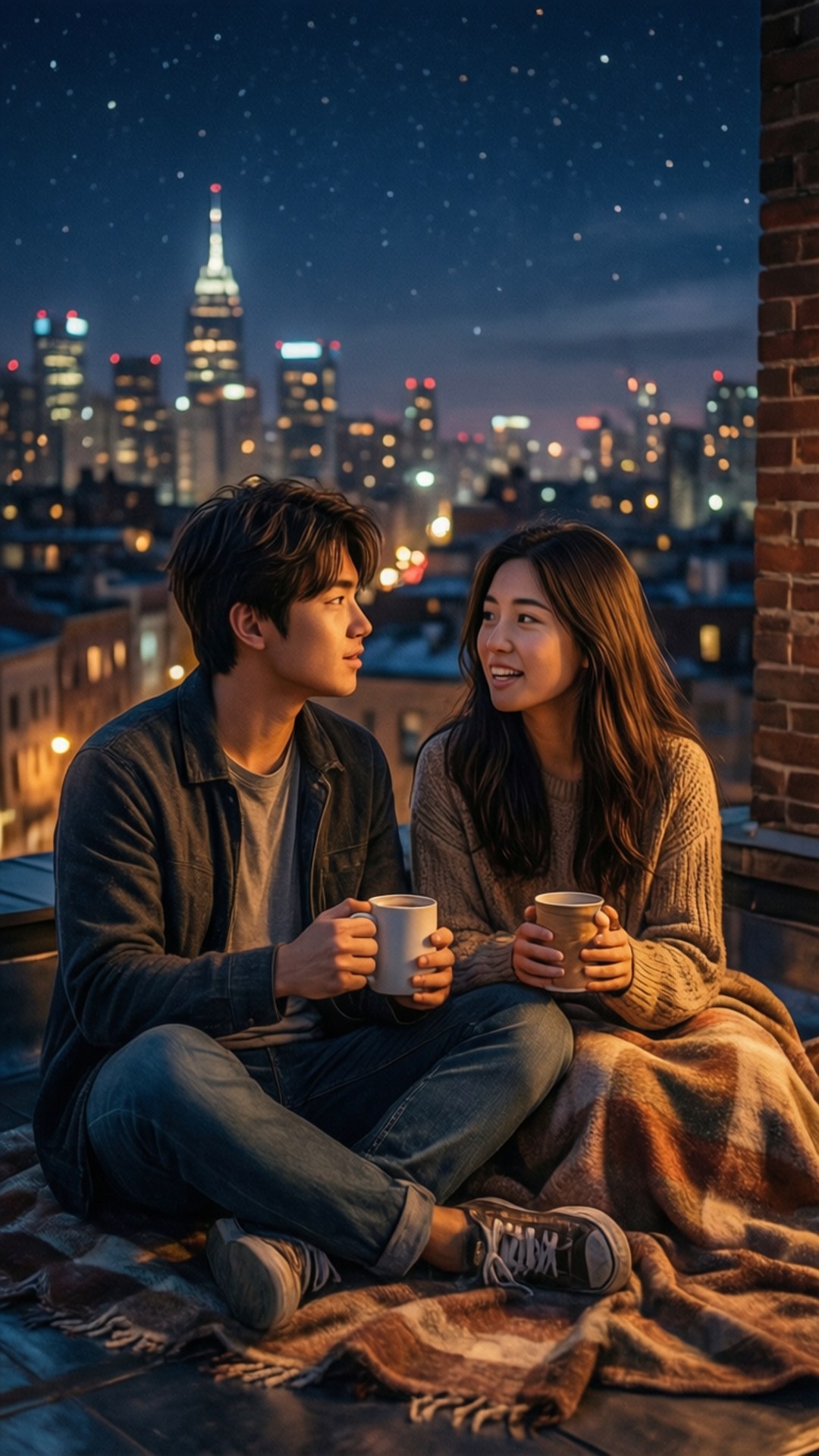 屋頂閨蜜之夜 壁紙 — 一對年輕情侶坐在屋頂上，在星空下拿著杯子互相凝視，身後是燈火通明的城市景觀。