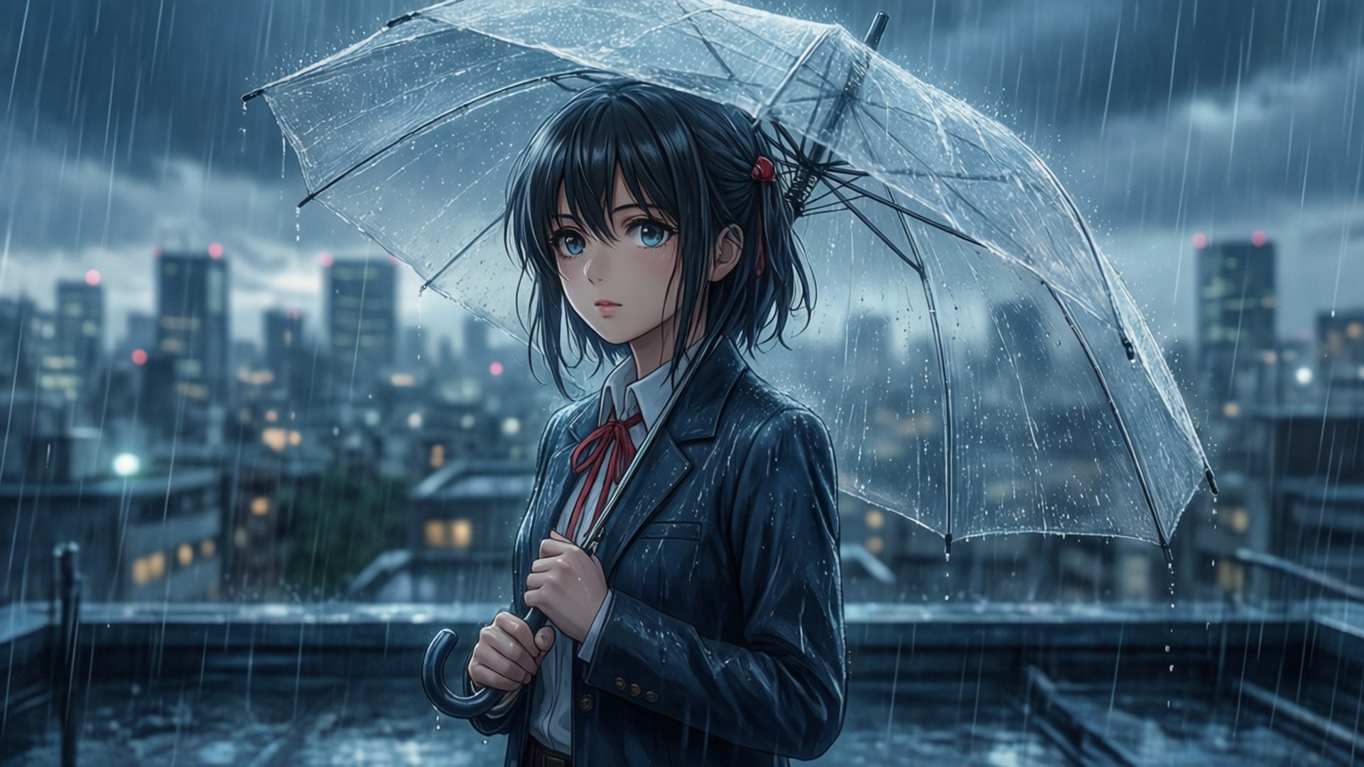 屋頂雨中的擁抱 壁紙 — 一個年輕的動漫女孩，深色頭髮，在夜晚的城市屋頂上撐著透明雨傘抵擋大雨。