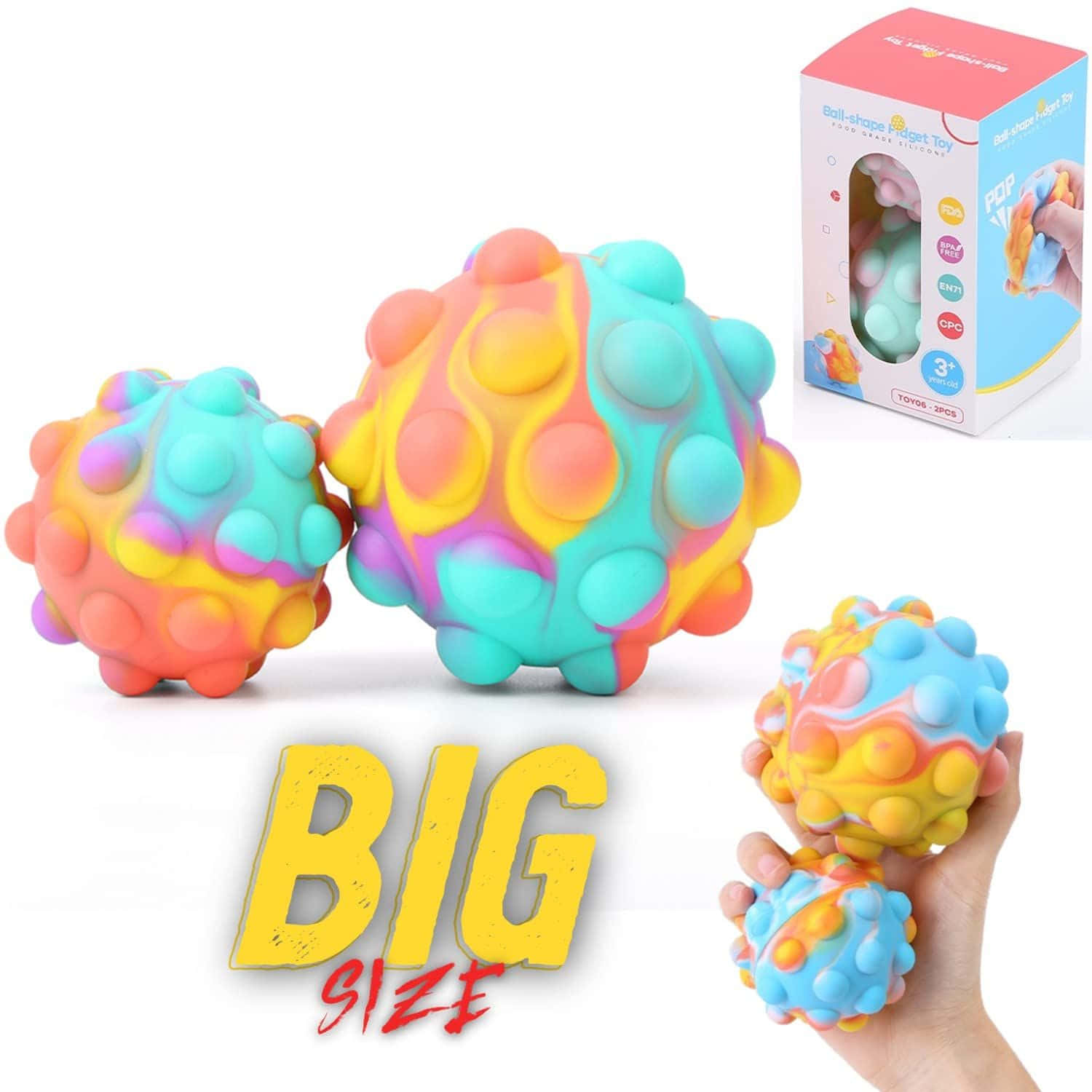 Popit 桌布 壁紙 — 展示各種尺寸的鮮豔彩虹色按壓減壓球，附包裝及手持一個。