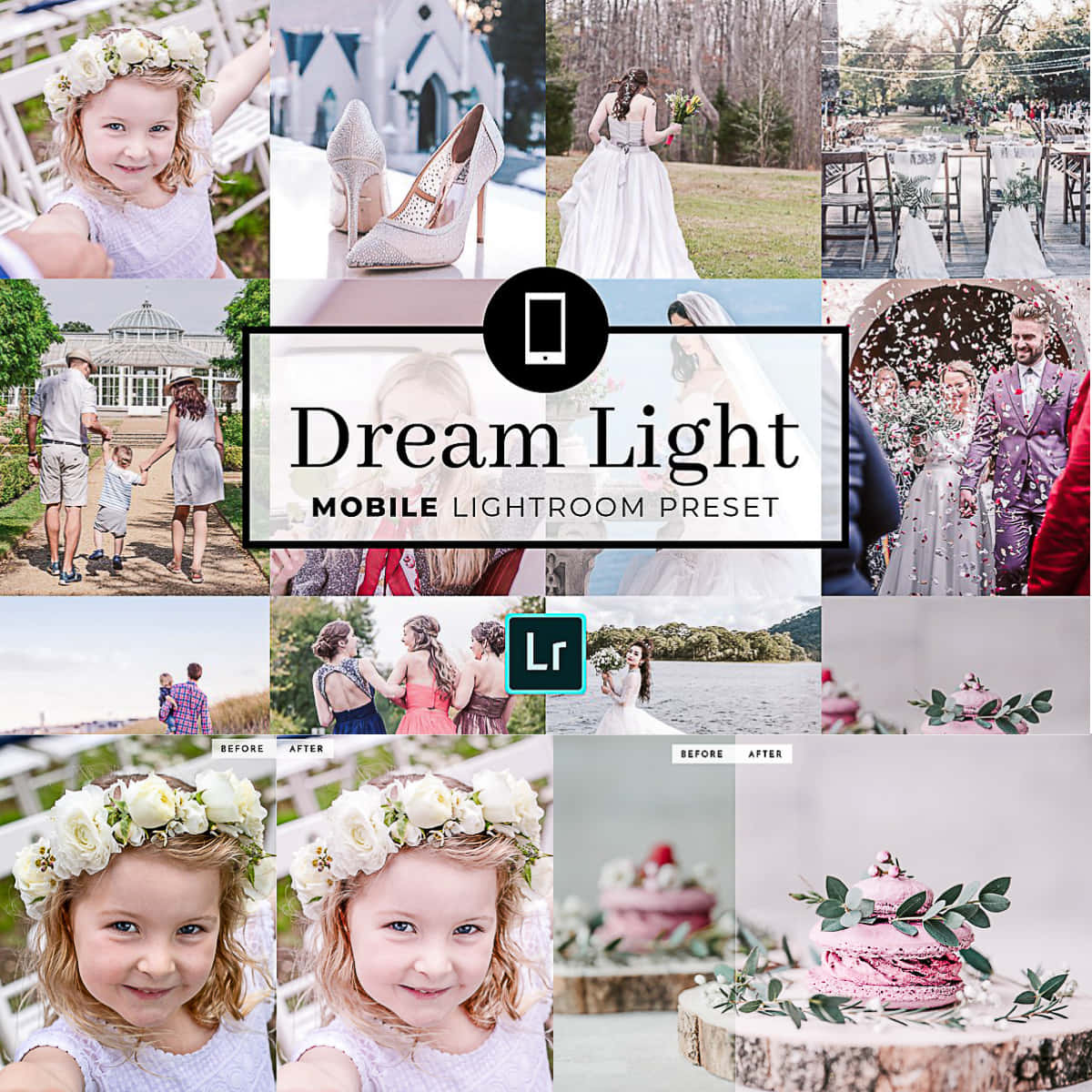 Lightroom Preset 桌布 壁紙 — 展示婚禮和生活風格照片的拼貼，並以柔和夢幻的燈光預設增強效果。