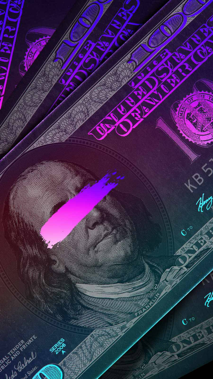 Dollar Bills 桌布 壁紙 — 展開成扇形的百元鈔票散發著霓虹紫和青綠色的光芒，一條大膽的粉紅色線條遮住了班傑明·富蘭克林的臉。