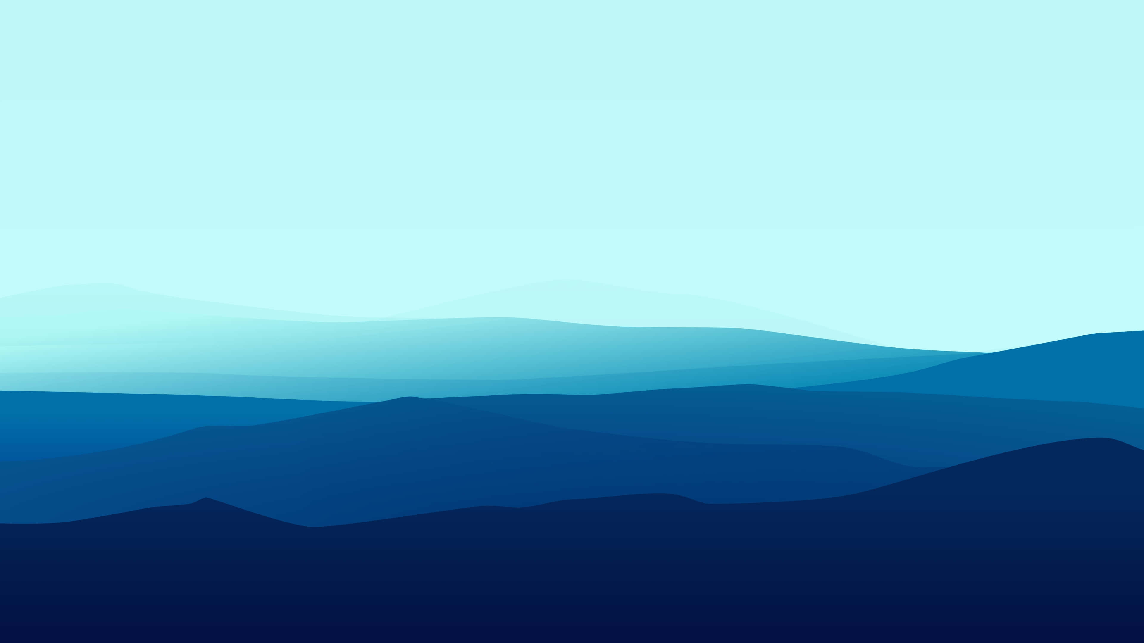 Minimalist Blue 桌布 壁紙 — 層層疊疊的山脈在平靜的天空下逐漸融入柔和的藍色漸變中。