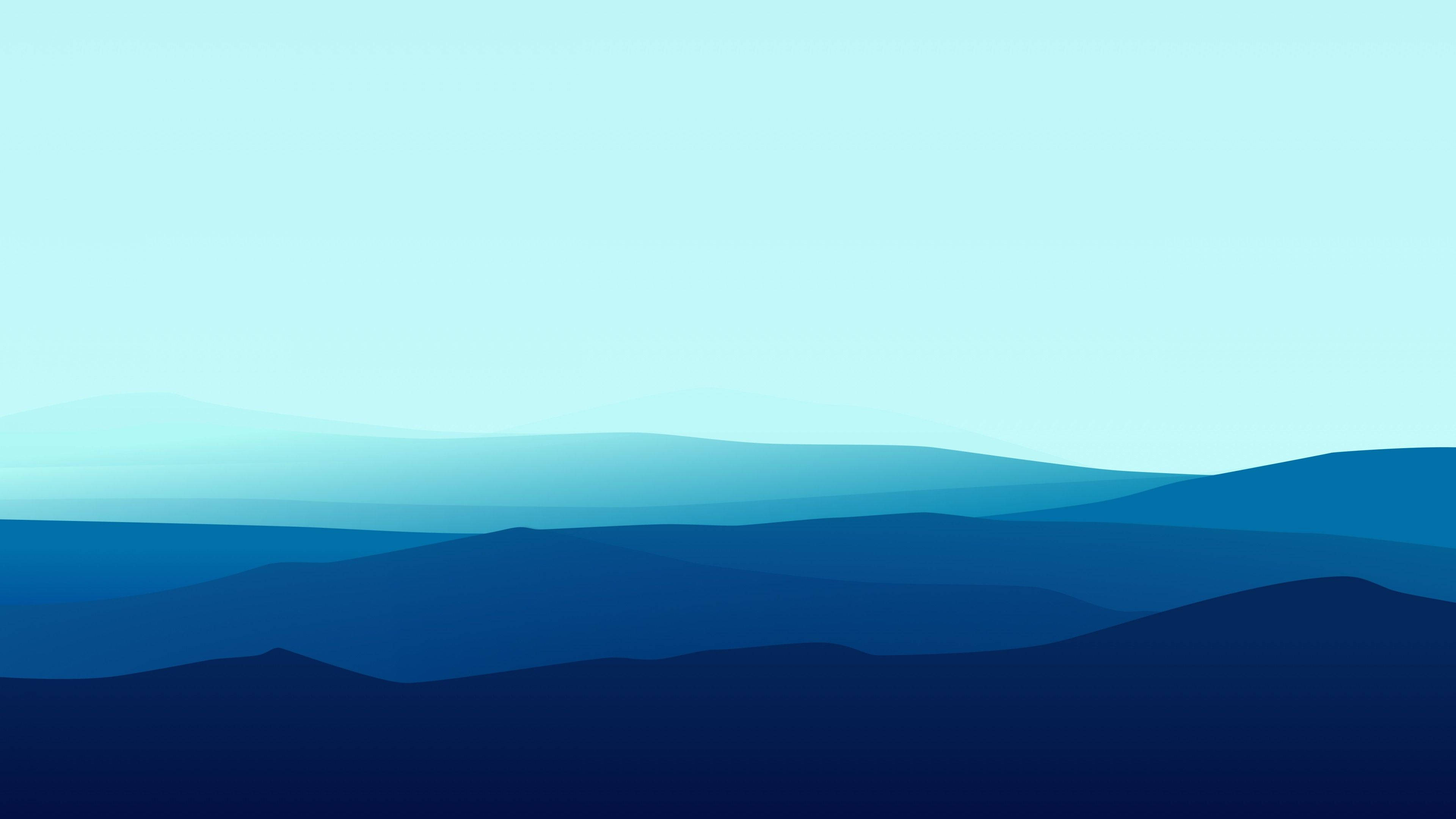 Minimalist Nature 桌布 壁紙 — 層層疊疊的山脈在晴朗的天空下逐漸融入柔和的藍色漸變中。