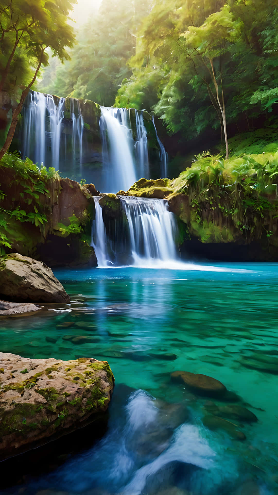 Vibrant Waterfall Haven of Peace and Beauty. smartphone wallpaper 壁紙 — 層疊瀑布傾瀉入清澈碧綠的水潭，四周環繞著茂密的熱帶叢林葉片。